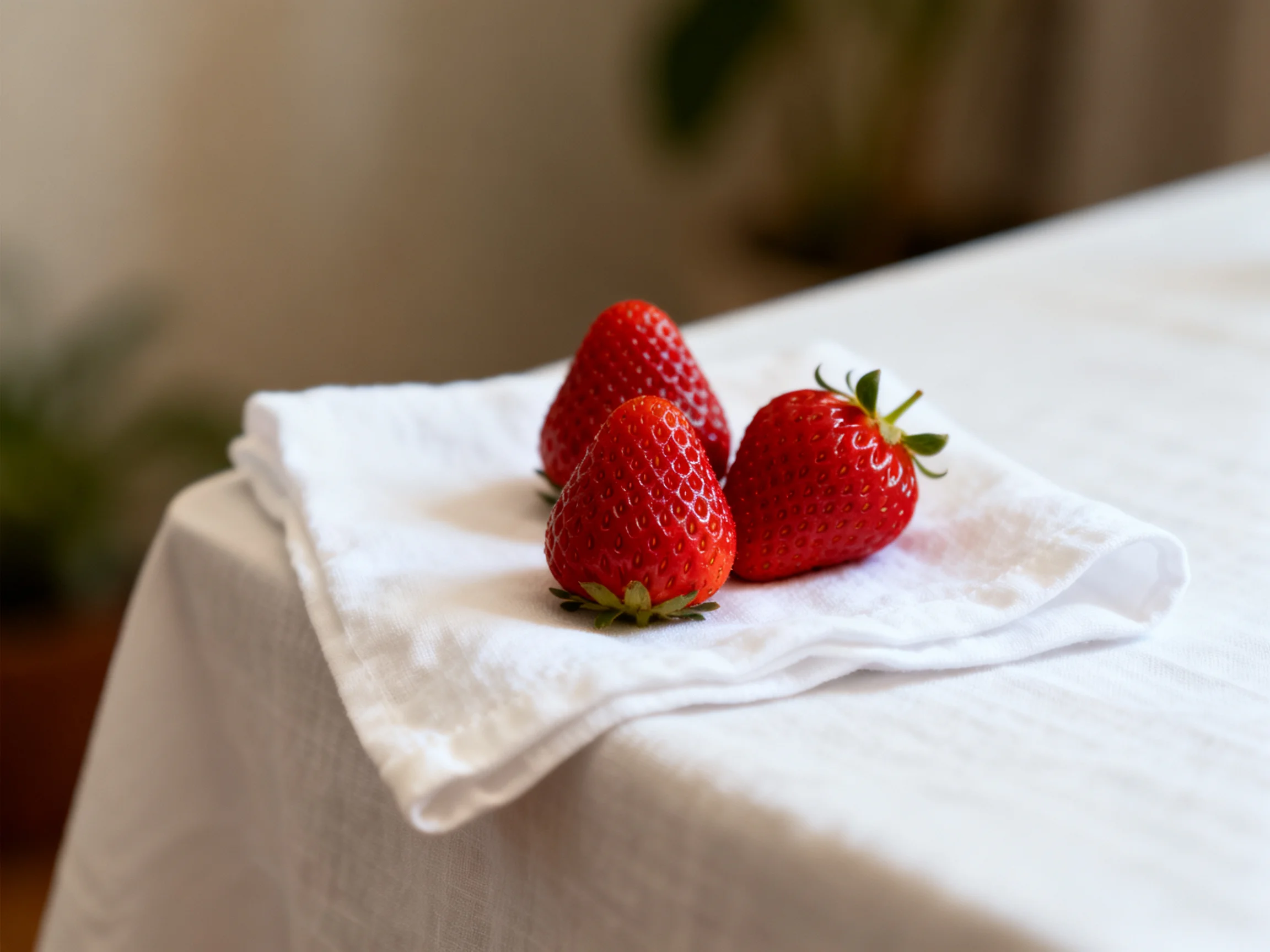 Three strawberries are placed on a white cloth on a white surface.