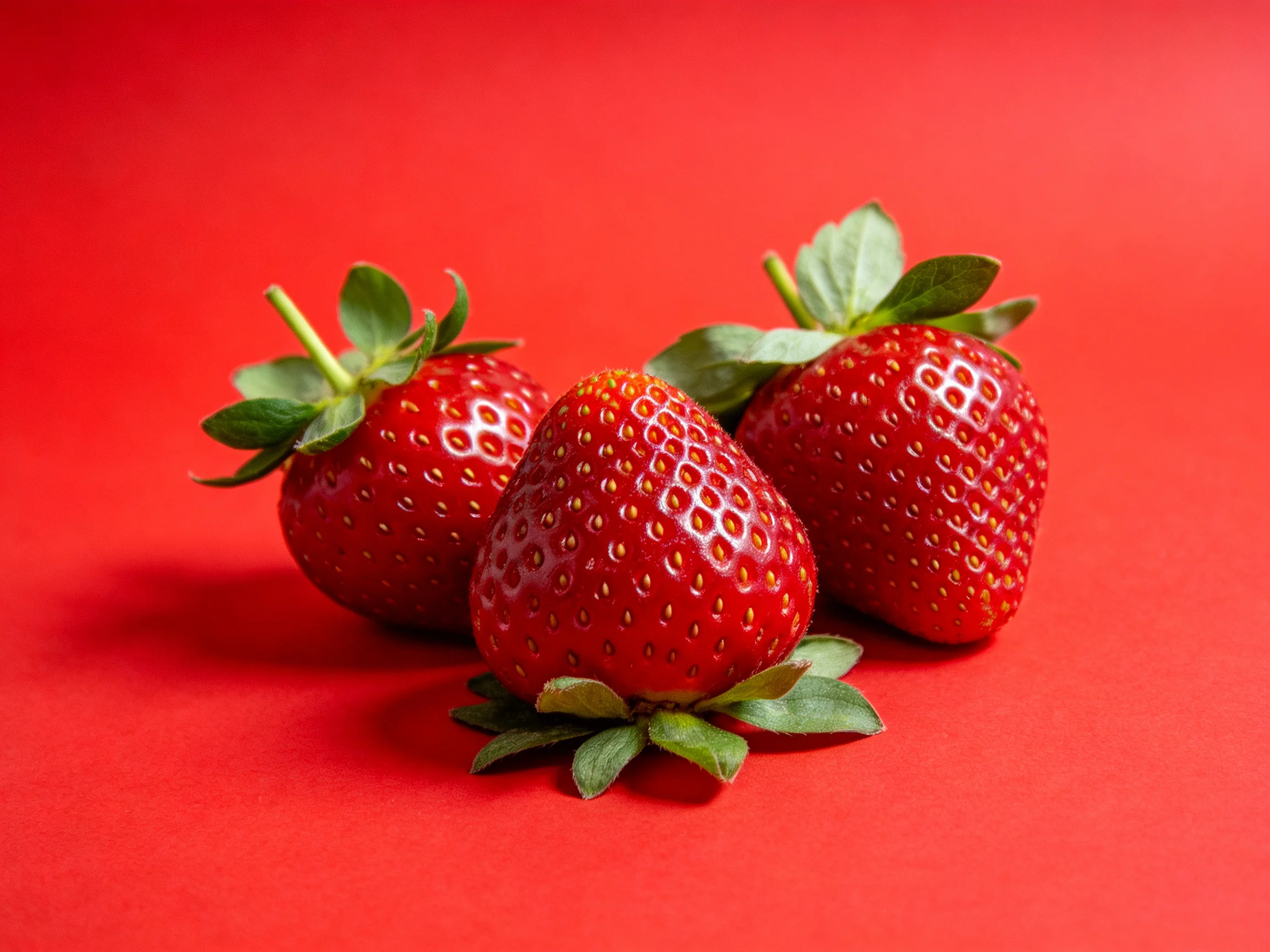 Three vibrant red strawberries with green leaves on a solid red backdrop