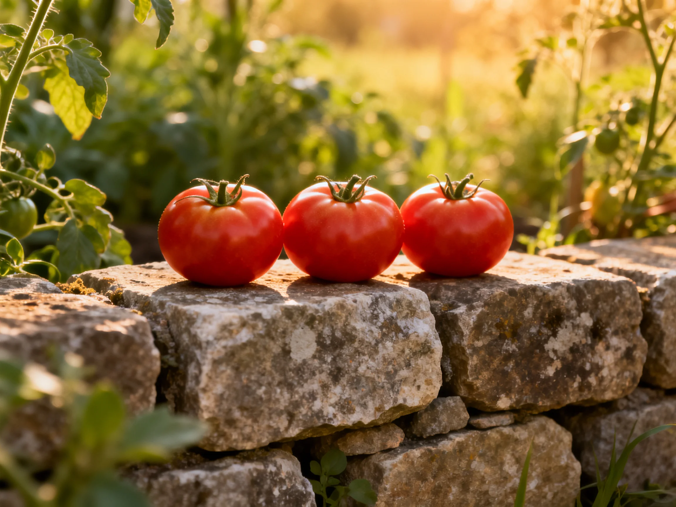 Three vibrant red tomatoes rest on a weathered stone wall in a sunlit garden