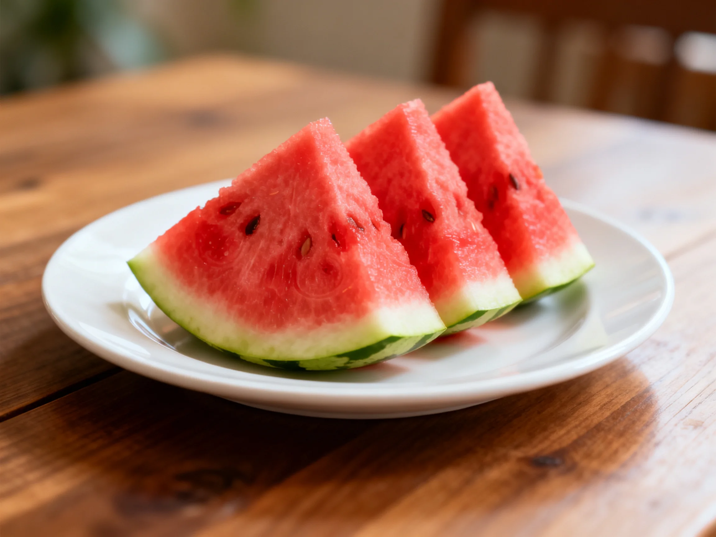 Three slices of red watermelon sit on a white plate