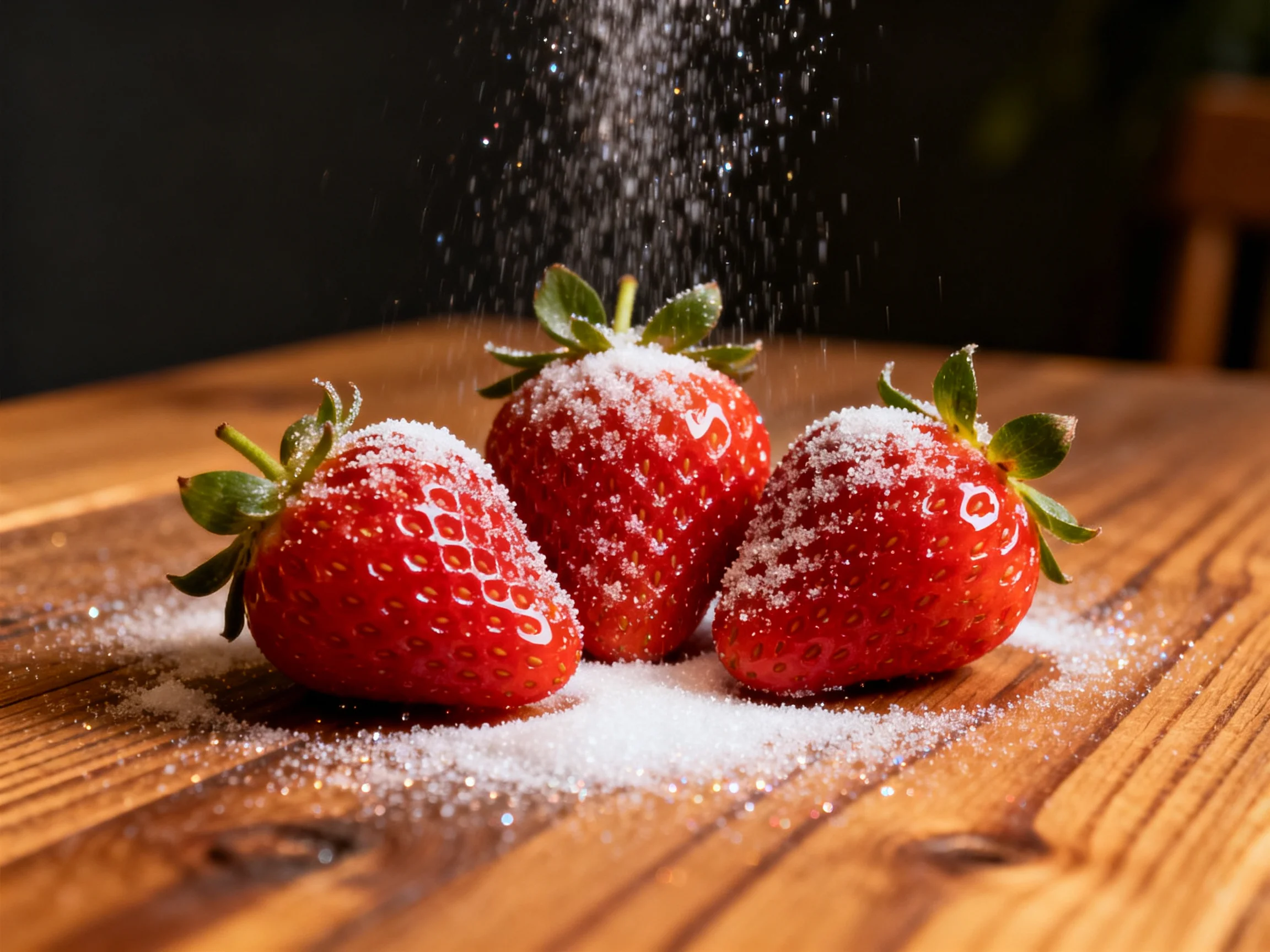 Three vibrant strawberries dusted with white sugar on a wooden surface
