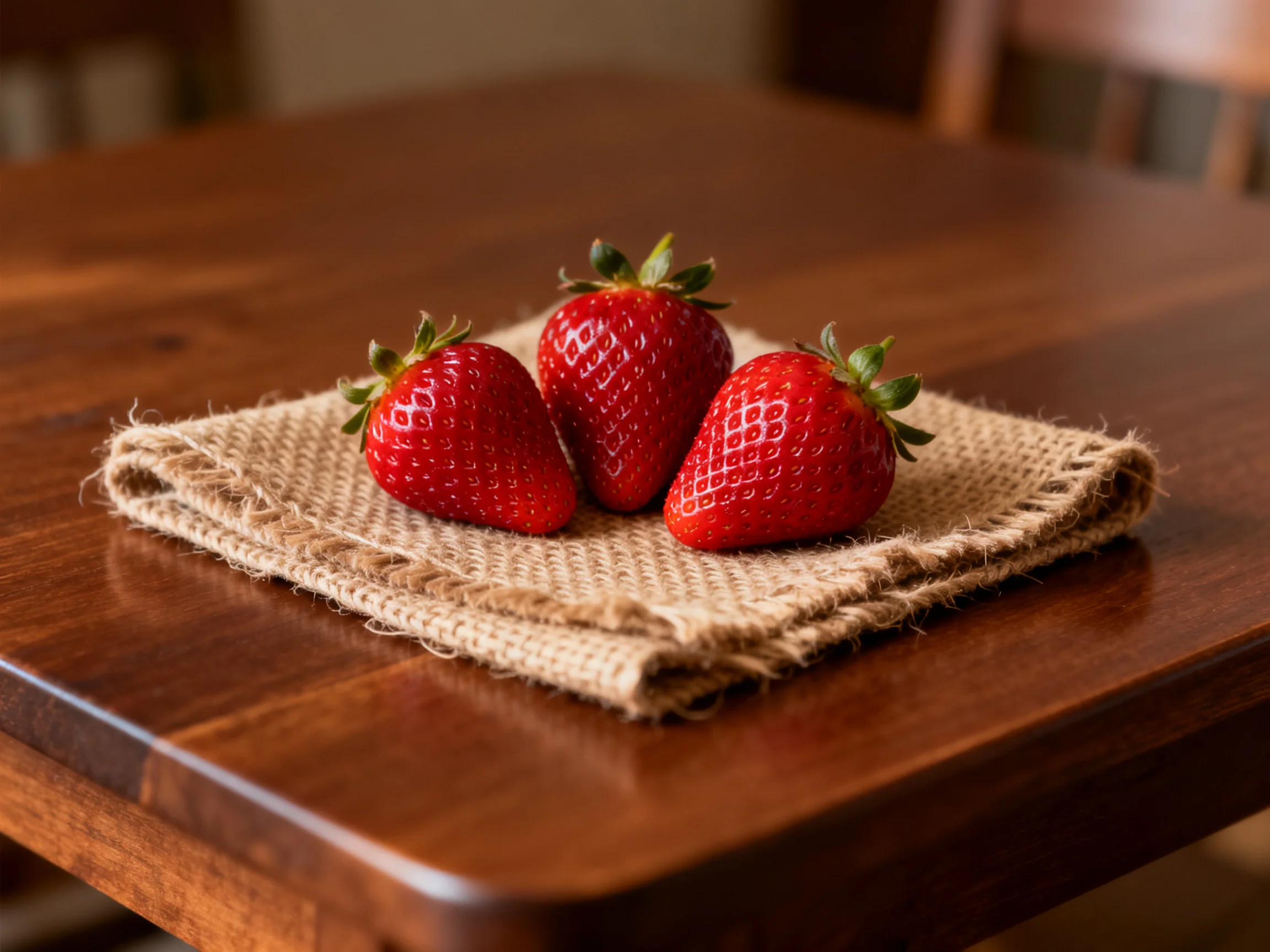 Three vibrant strawberries rest on a burlap cloth atop a polished wooden table
