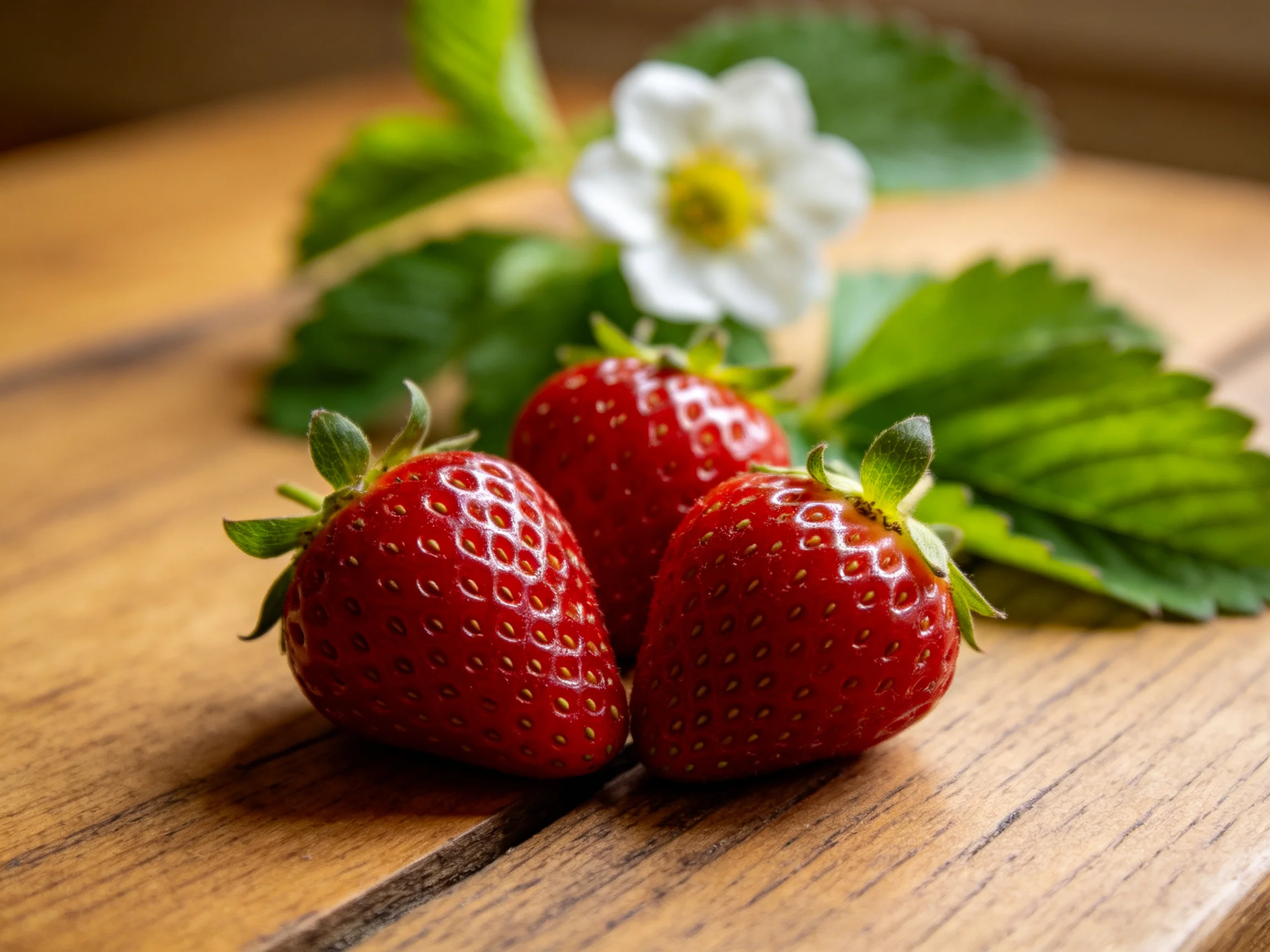 Three vibrant strawberries rest on a wooden surface with green foliage and a white flower