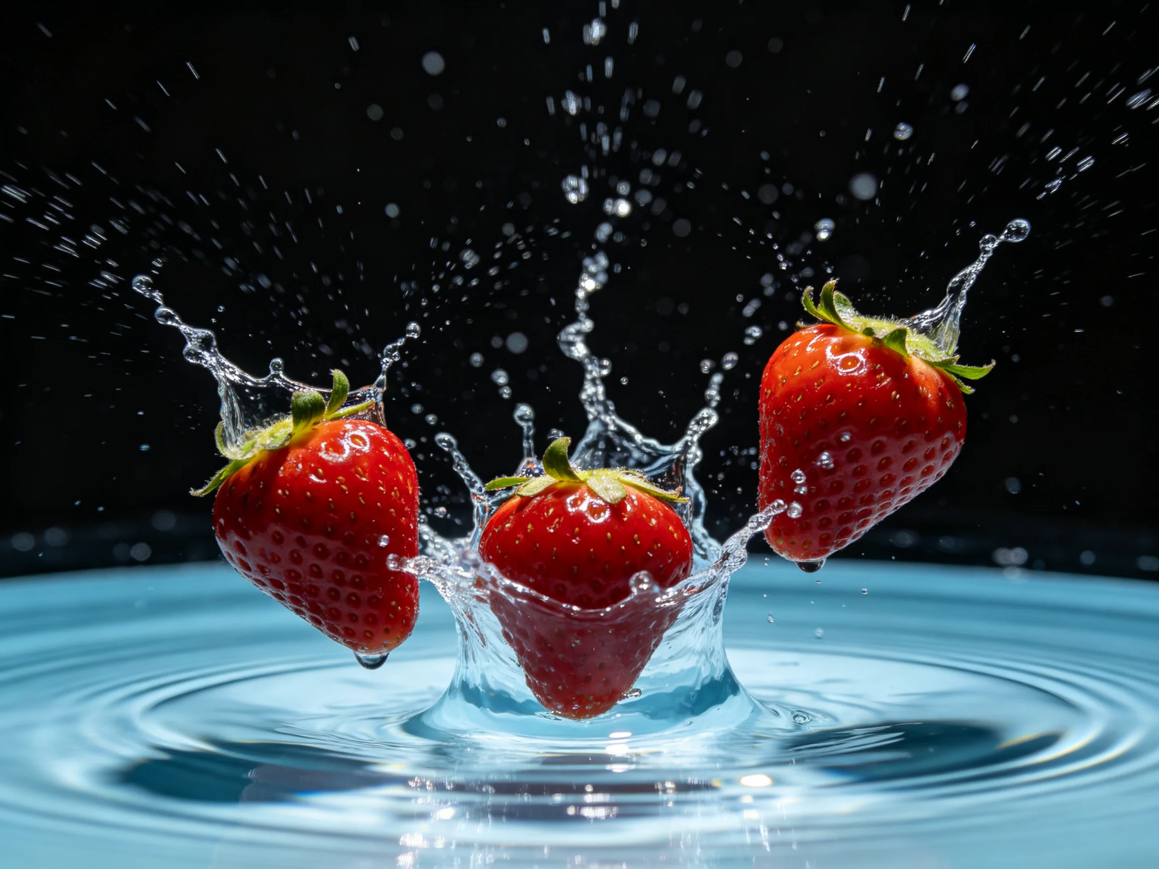 Three vibrant strawberries splashing into clear blue water