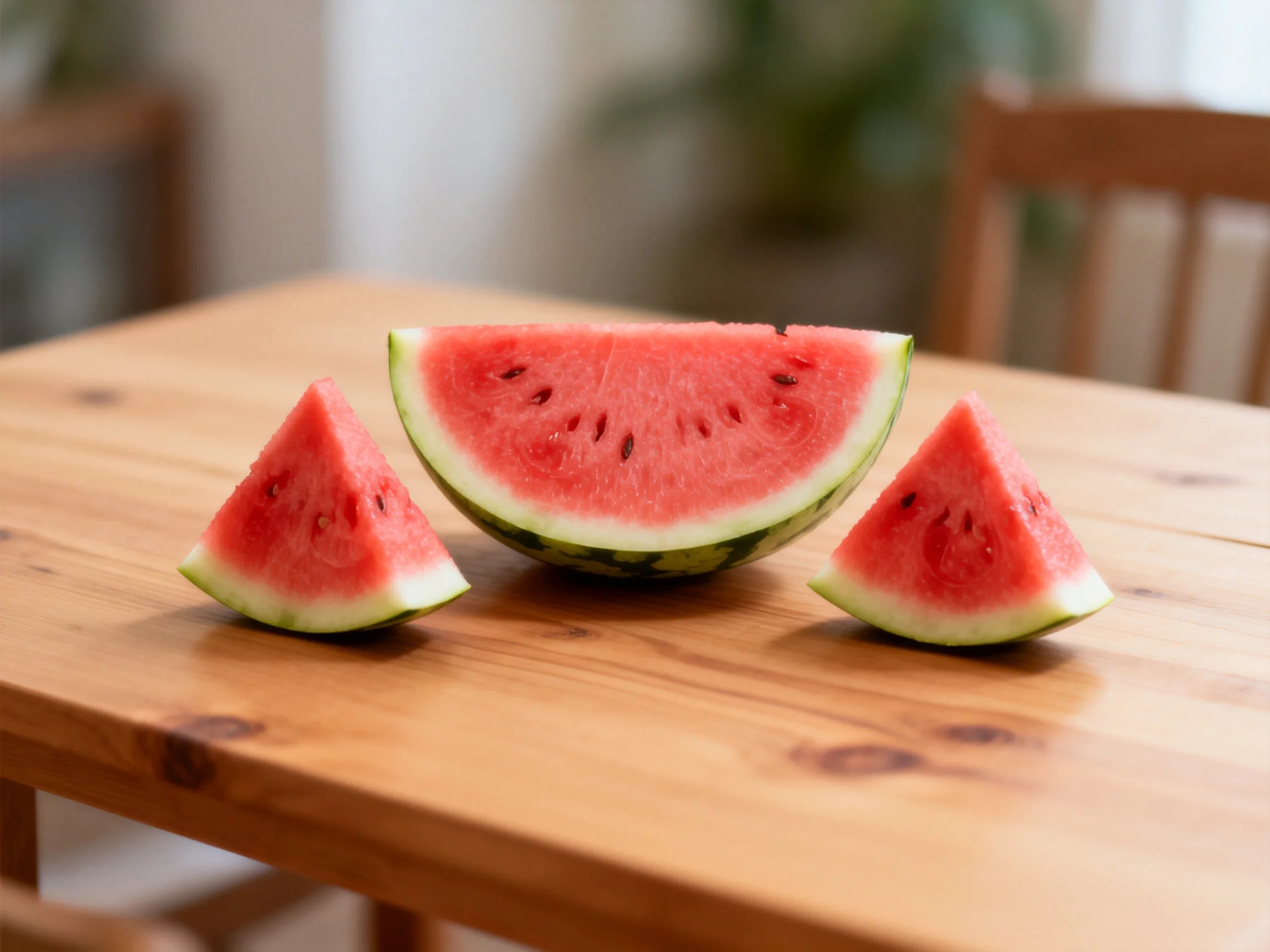 Three vibrant watermelon slices arranged on a polished wooden table