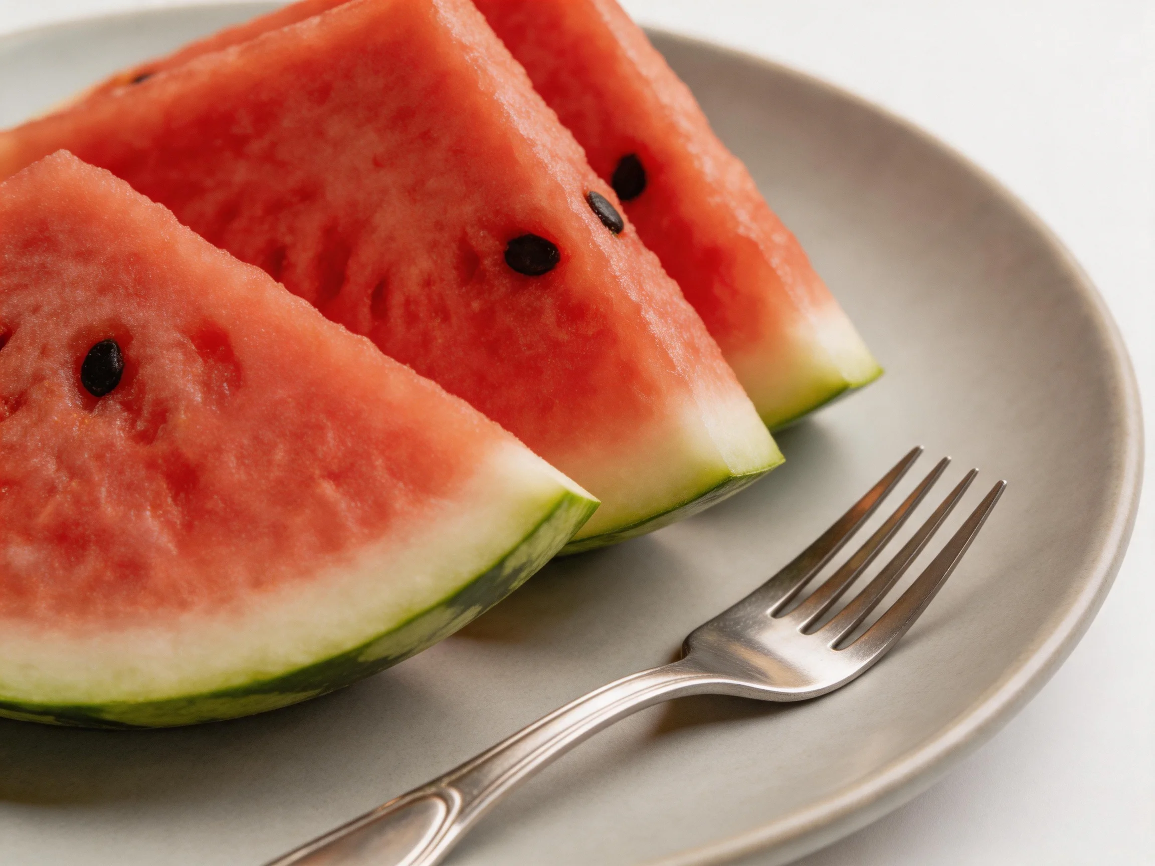 Three vibrant watermelon wedges on a gray plate with a silver fork