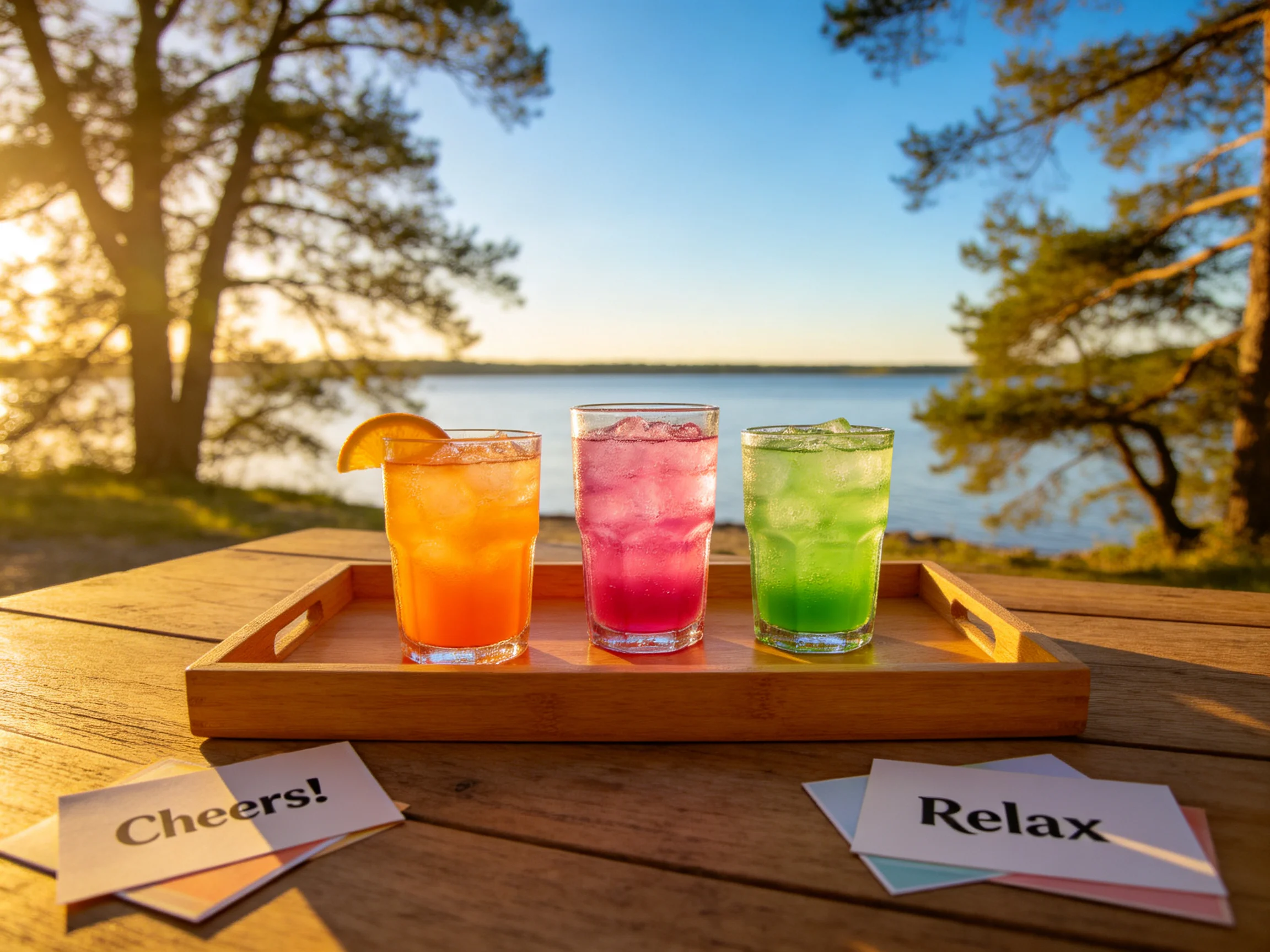 Three vividly hued cocktails on a wooden tray by a serene lakeside