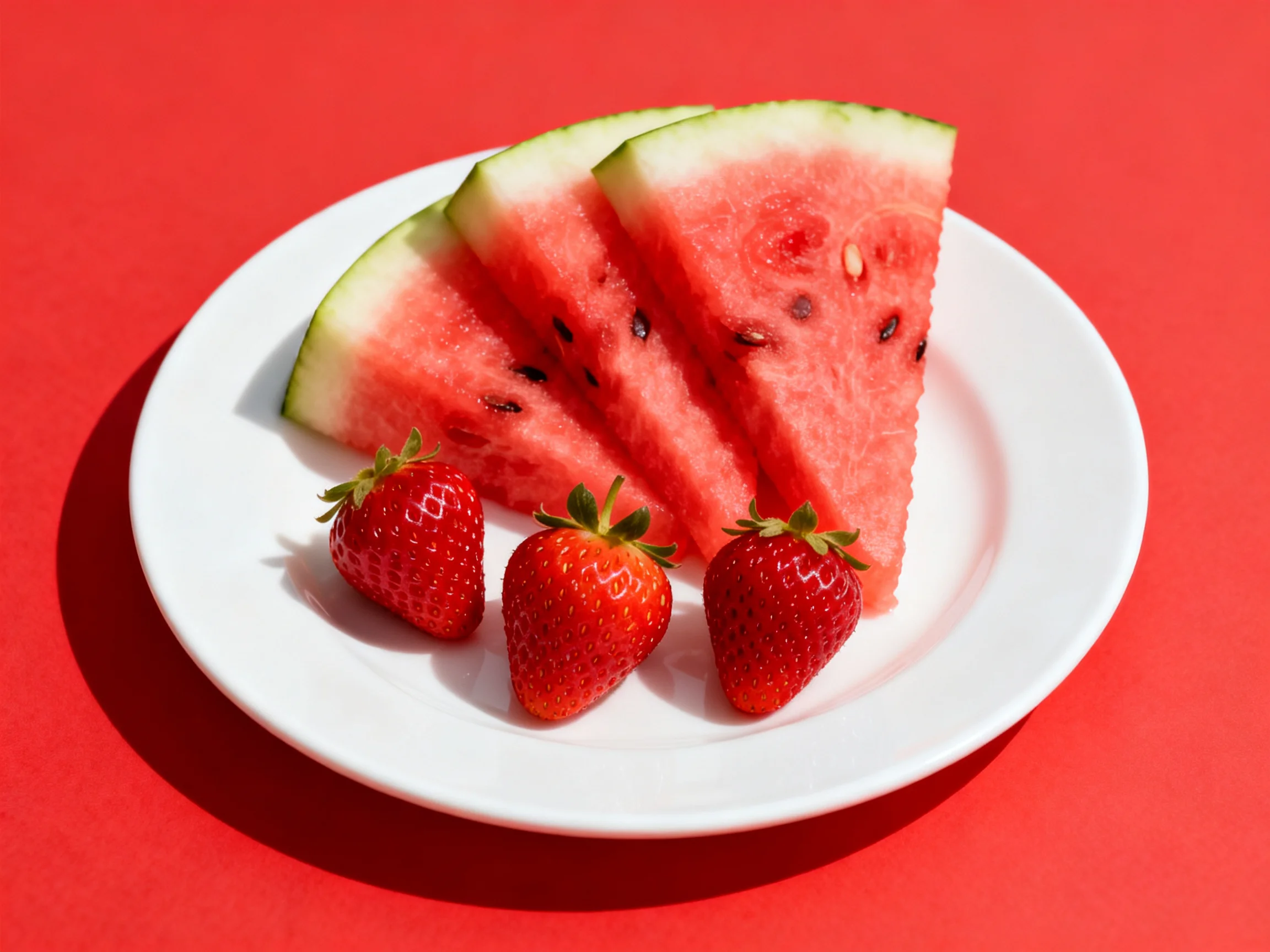 Three watermelon slices and three strawberries on a white plate