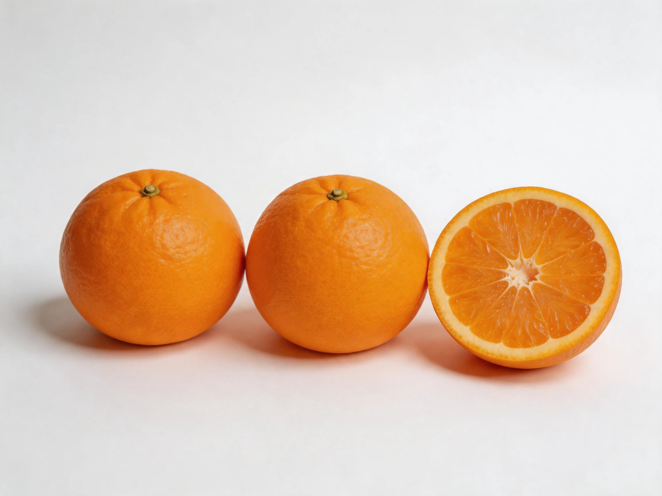 Three whole oranges and one halved orange displayed against a white background