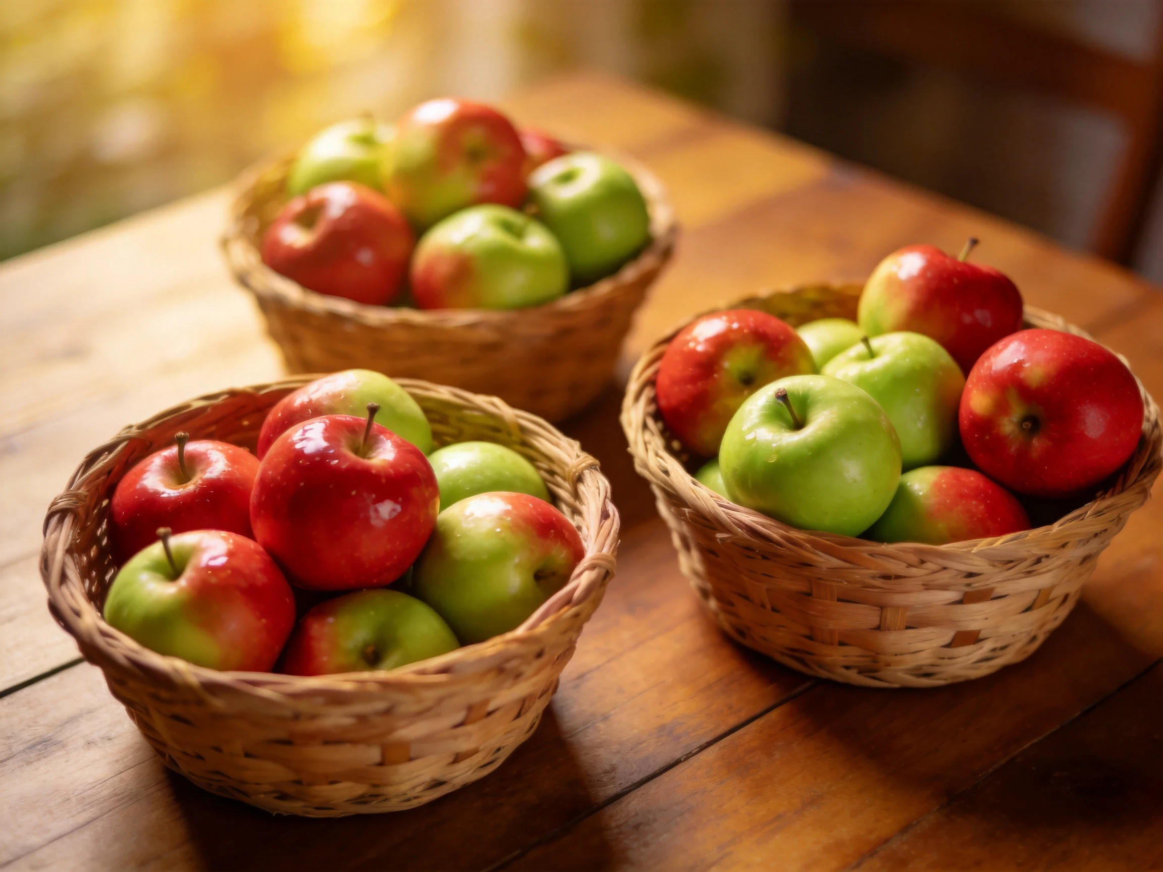 Three wicker baskets filled with red and green apples sit on a wooden table