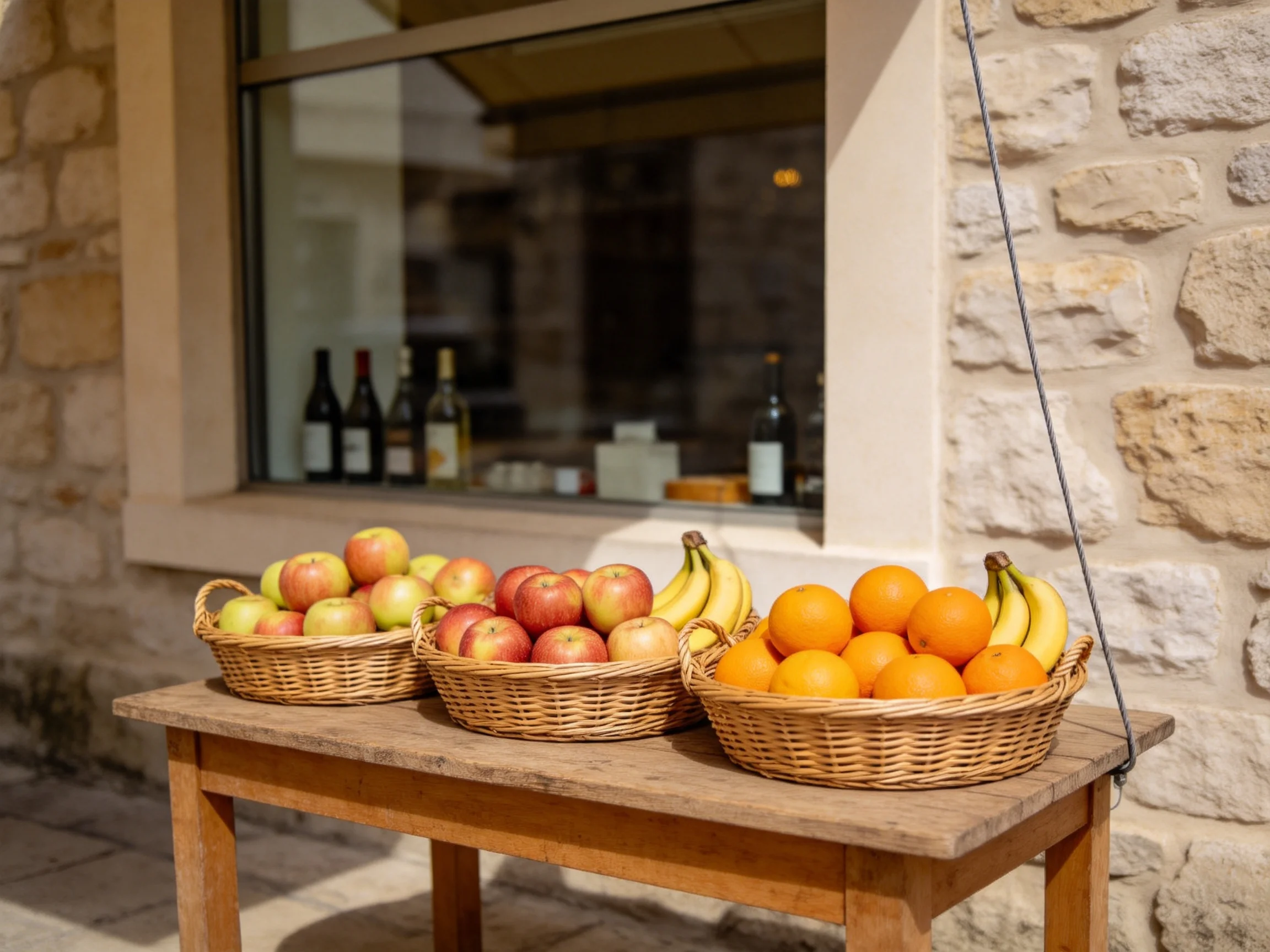 Three wicker baskets hold assorted fruits near a stone building’s window