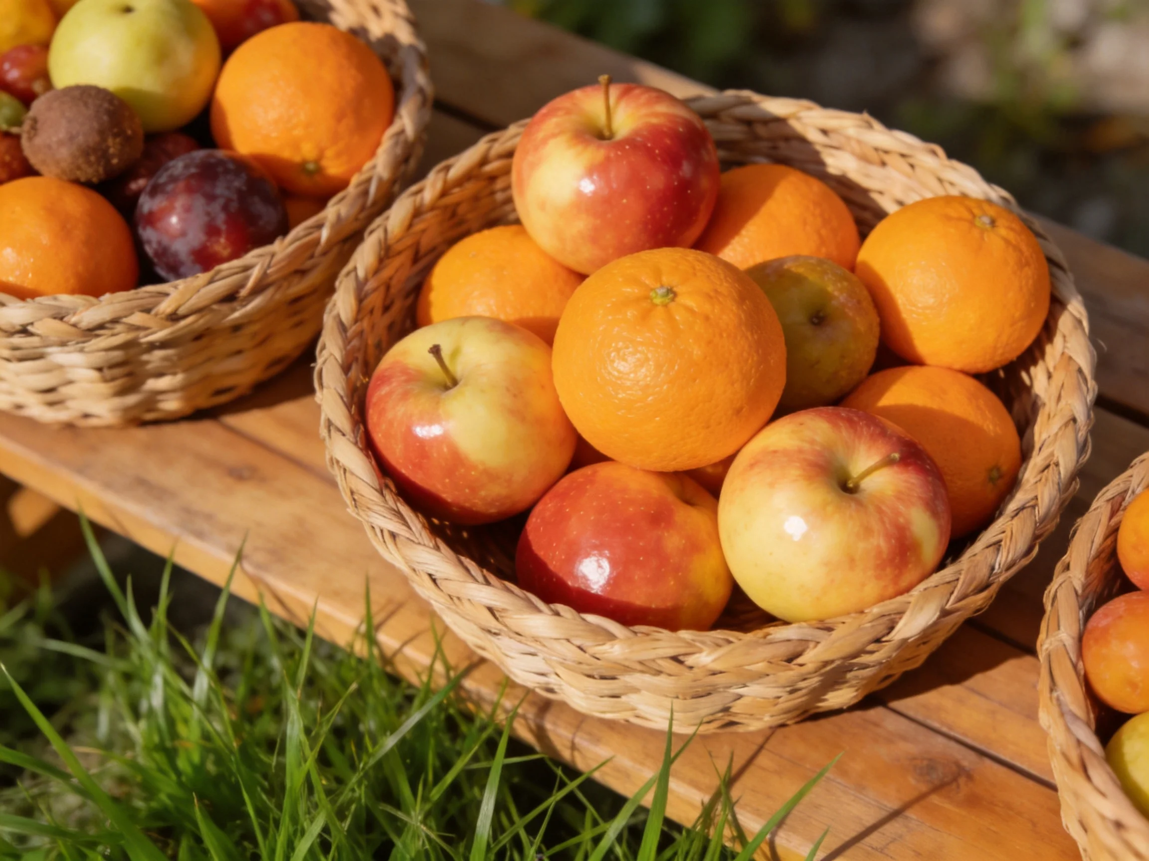 Three wicker baskets overflow with colorful apples, oranges, and plums