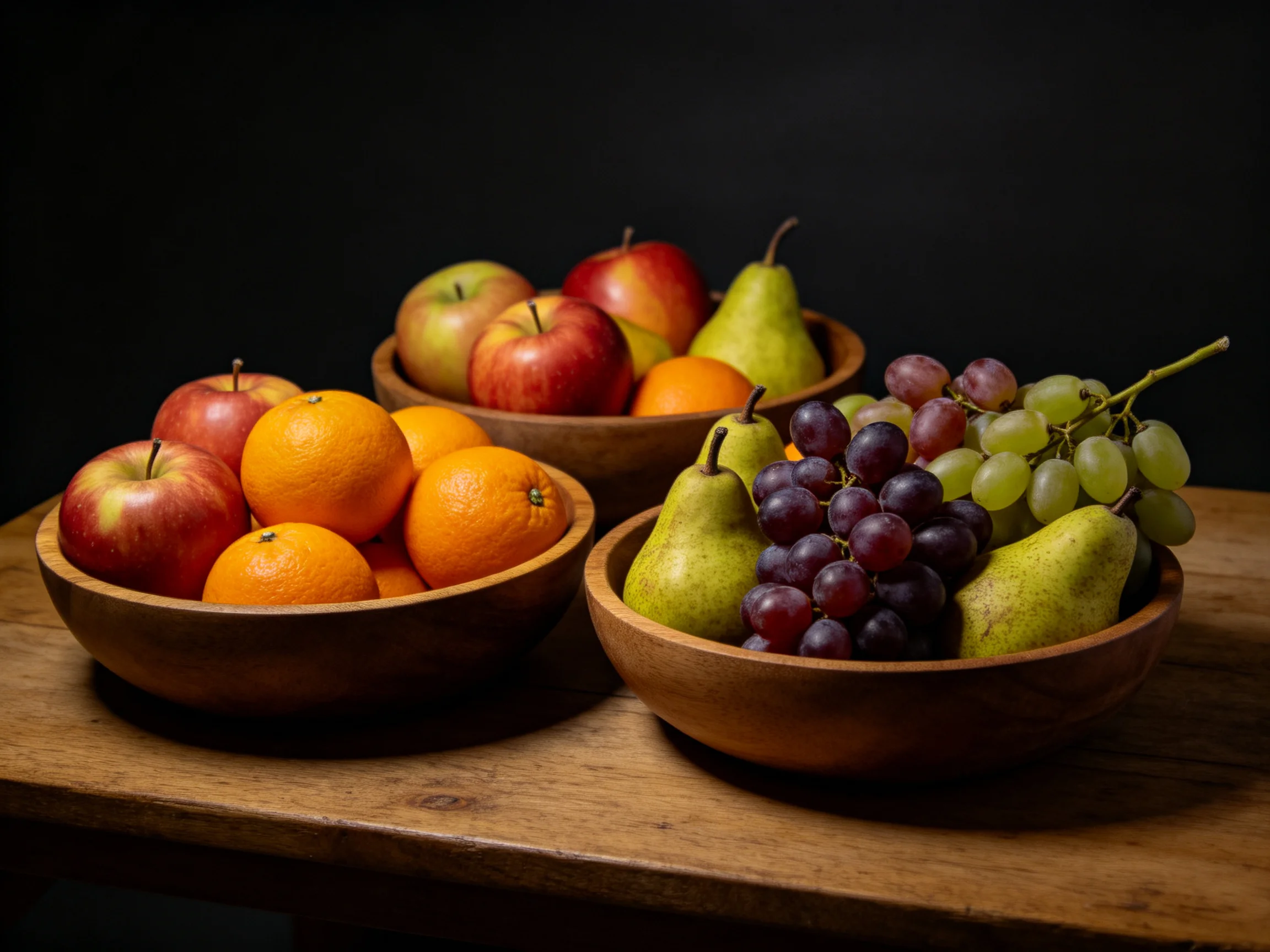 Three wooden bowls hold vibrant fruits such as apples, oranges, pears, and grapes.
