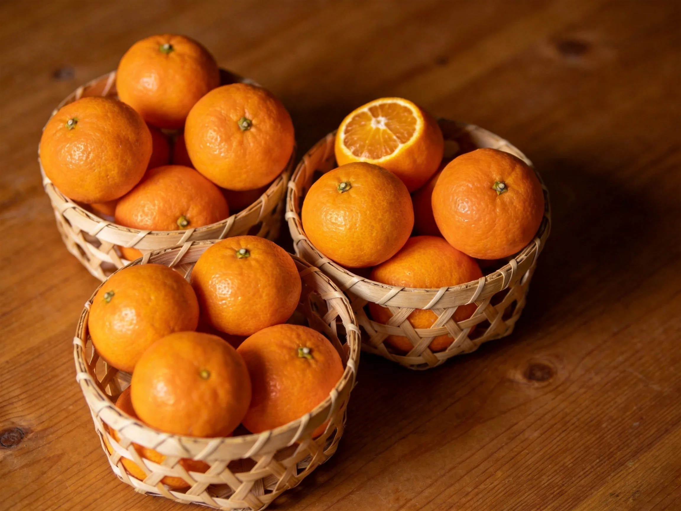 Three woven baskets hold vibrant orange citrus on a wooden surface.