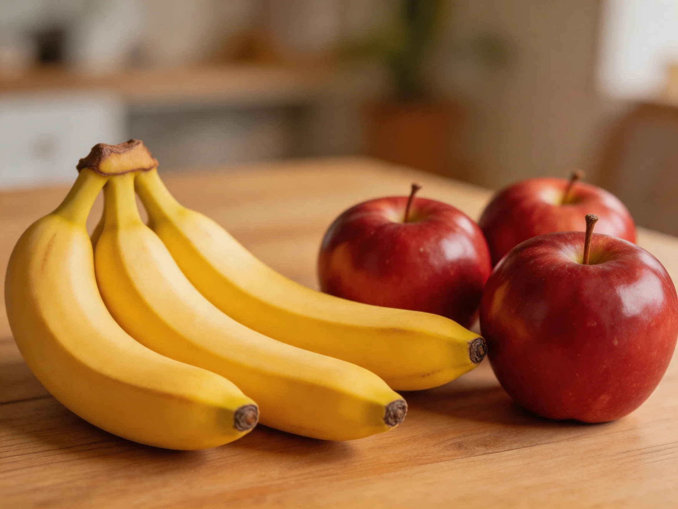 Three yellow bananas and four red apples on a wooden table