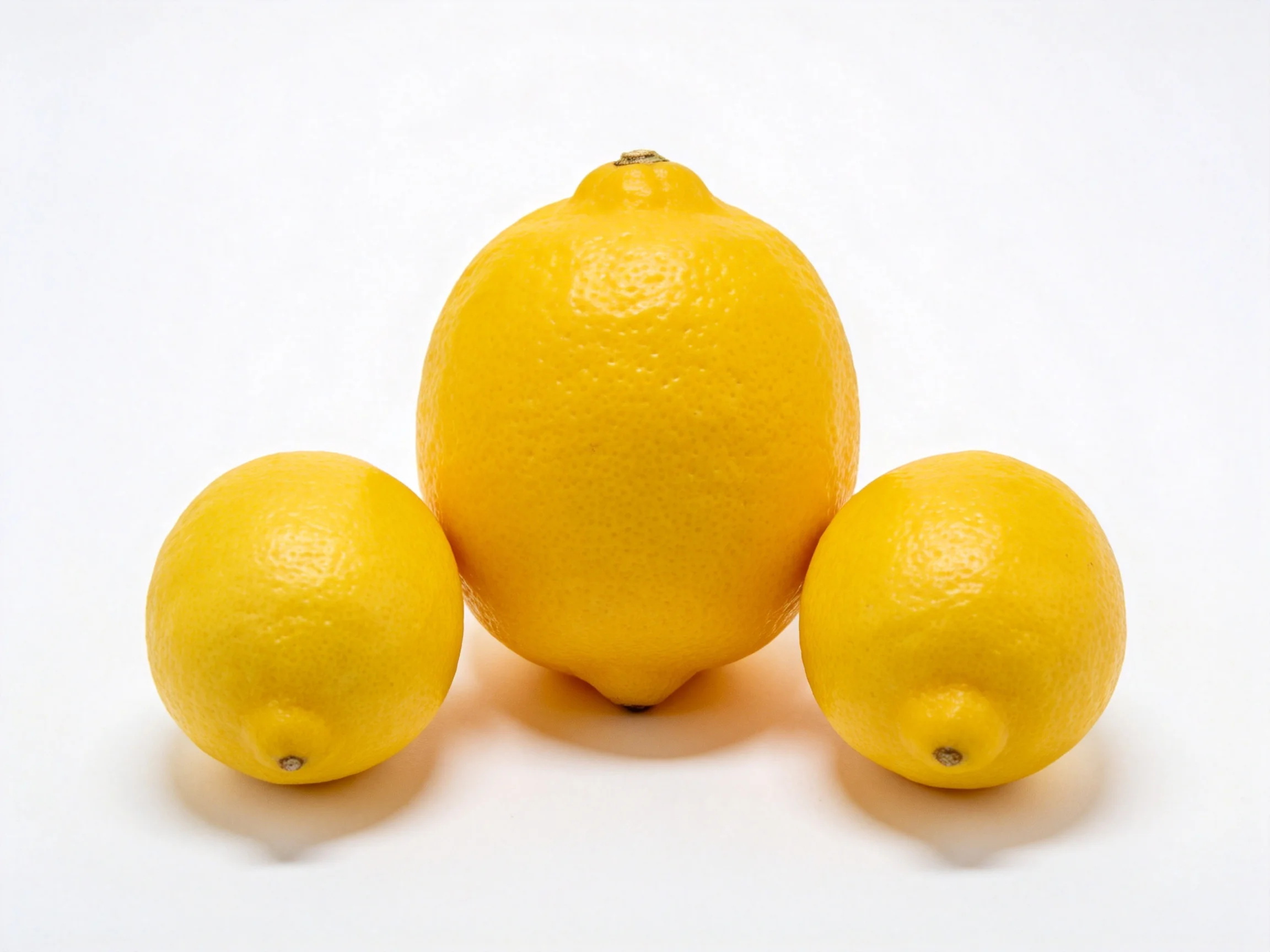 Three yellow lemons of varying sizes positioned on a white surface