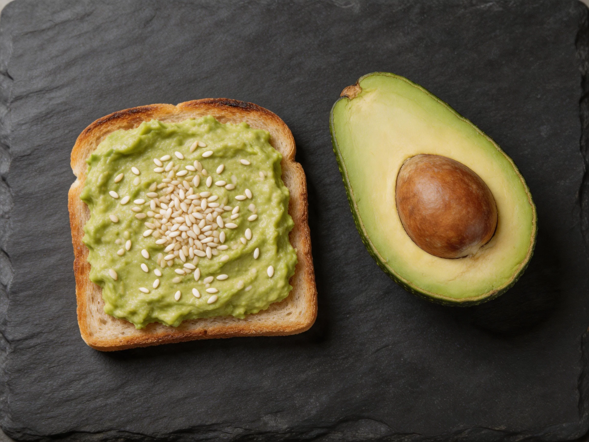 Toasted bread with avocado spread and sesame seeds beside a halved avocado
