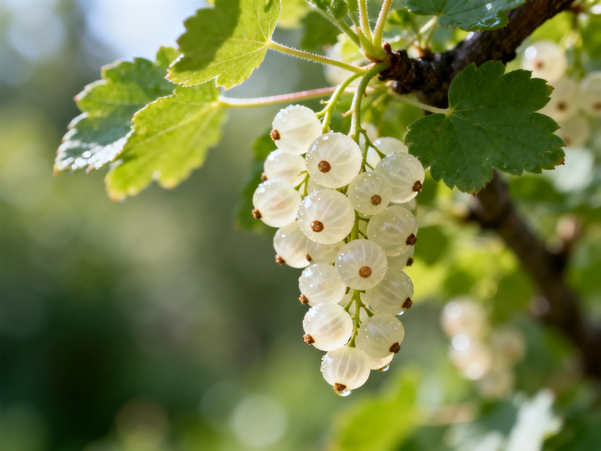 Translucent white berries cluster on a branch