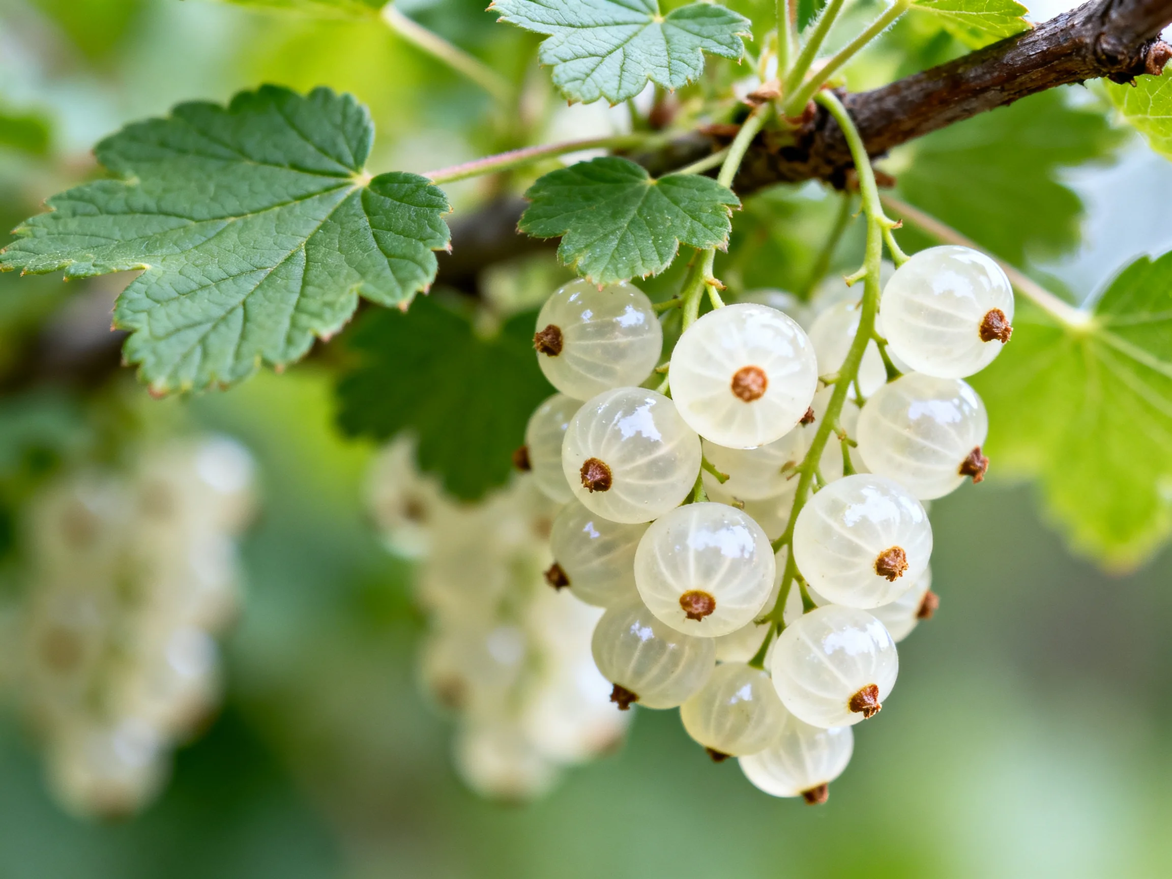 Translucent white berries cluster on a branch with green leaves