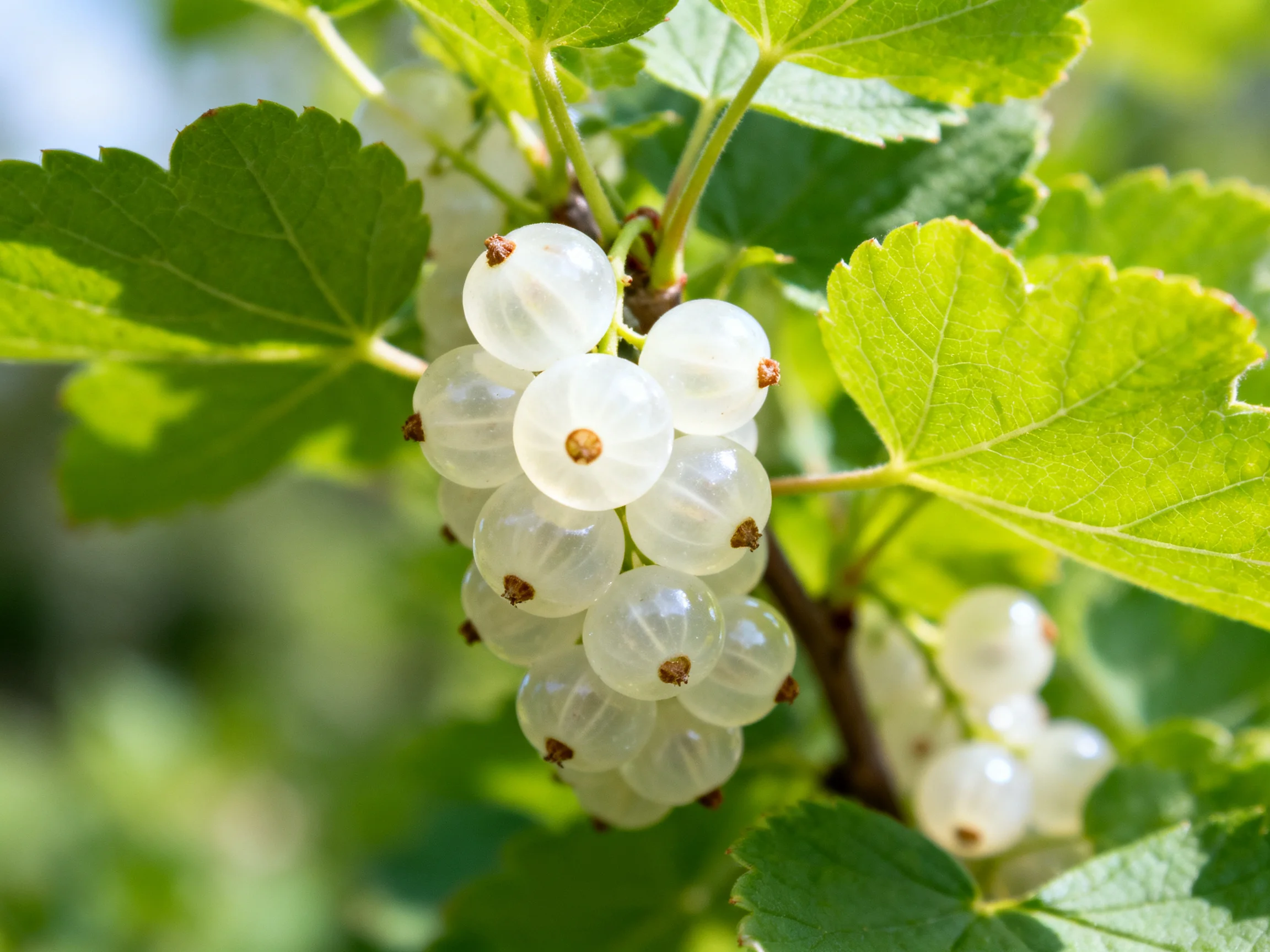 Translucent white berries clustered among lush green leaves