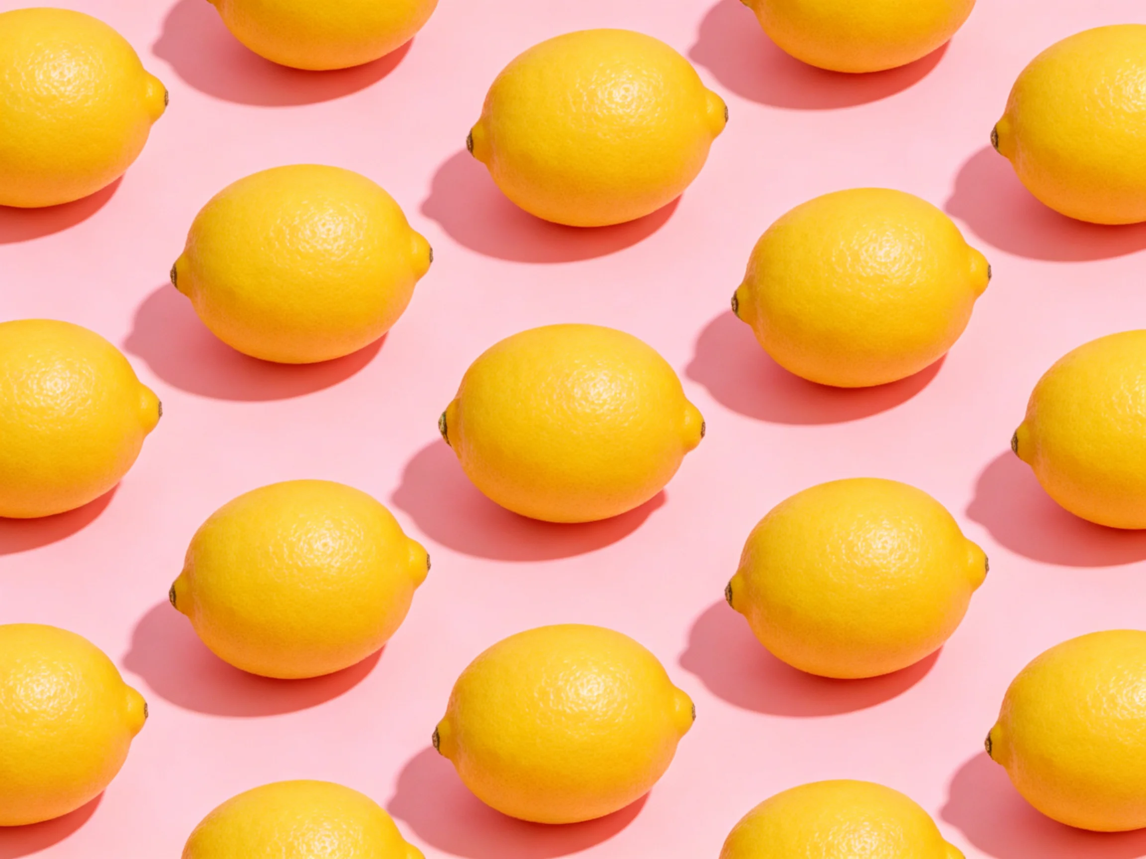 Twenty-five bright yellow lemons arranged in rows on a pink background