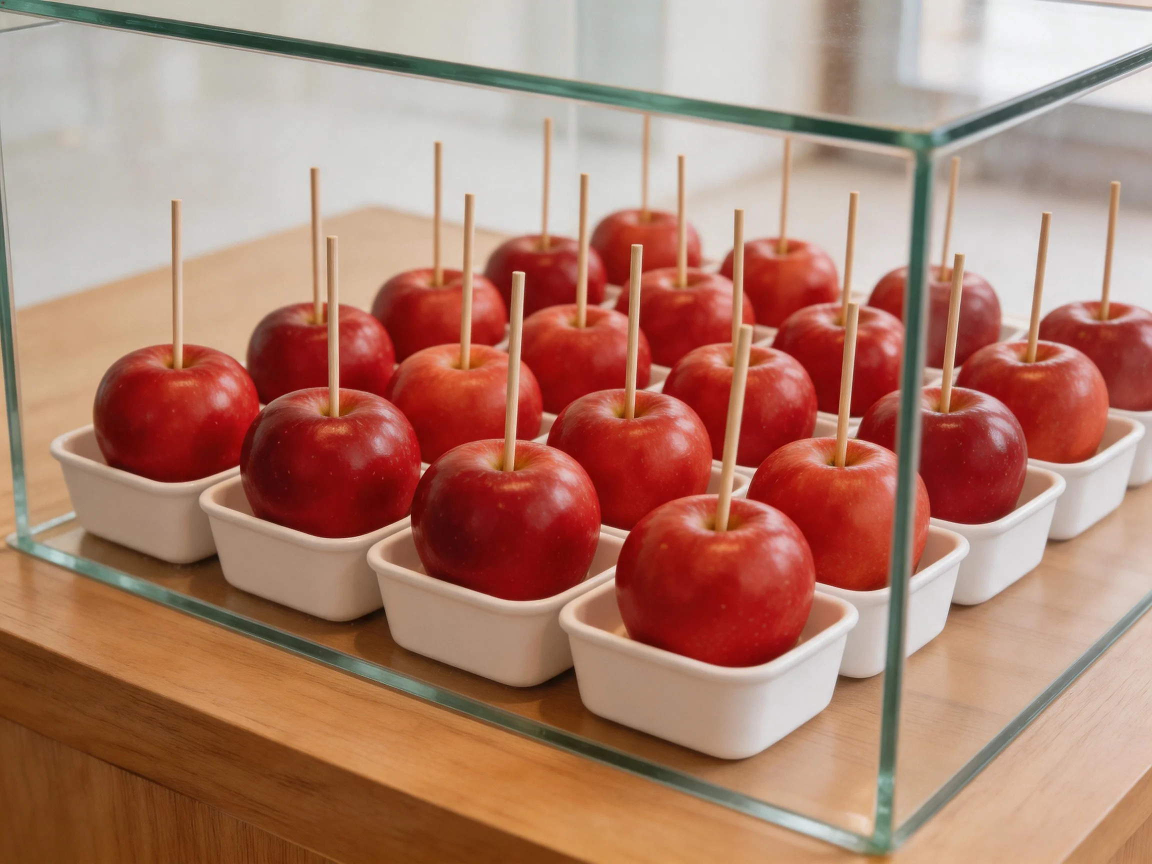 Twenty-four red caramel apples in white containers behind a glass display
