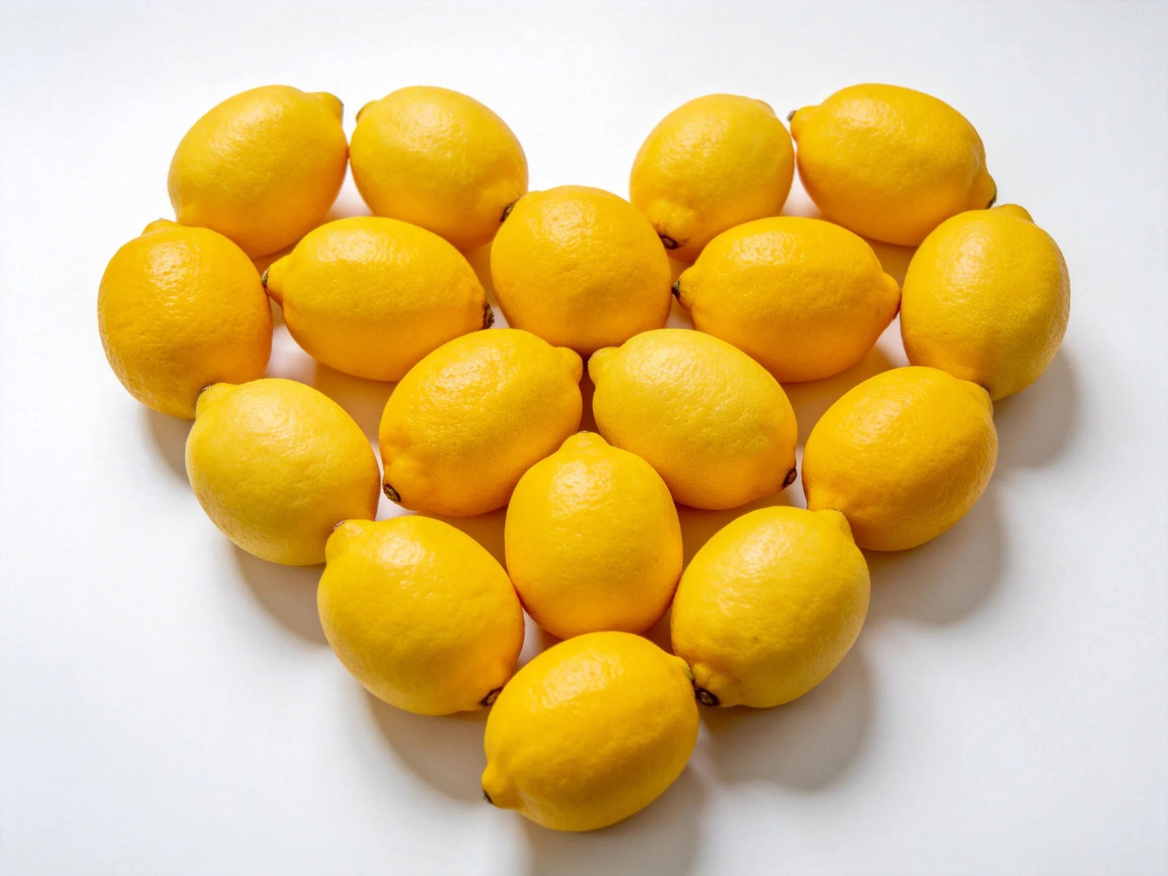 Twenty vibrant yellow lemons arranged in a heart shape