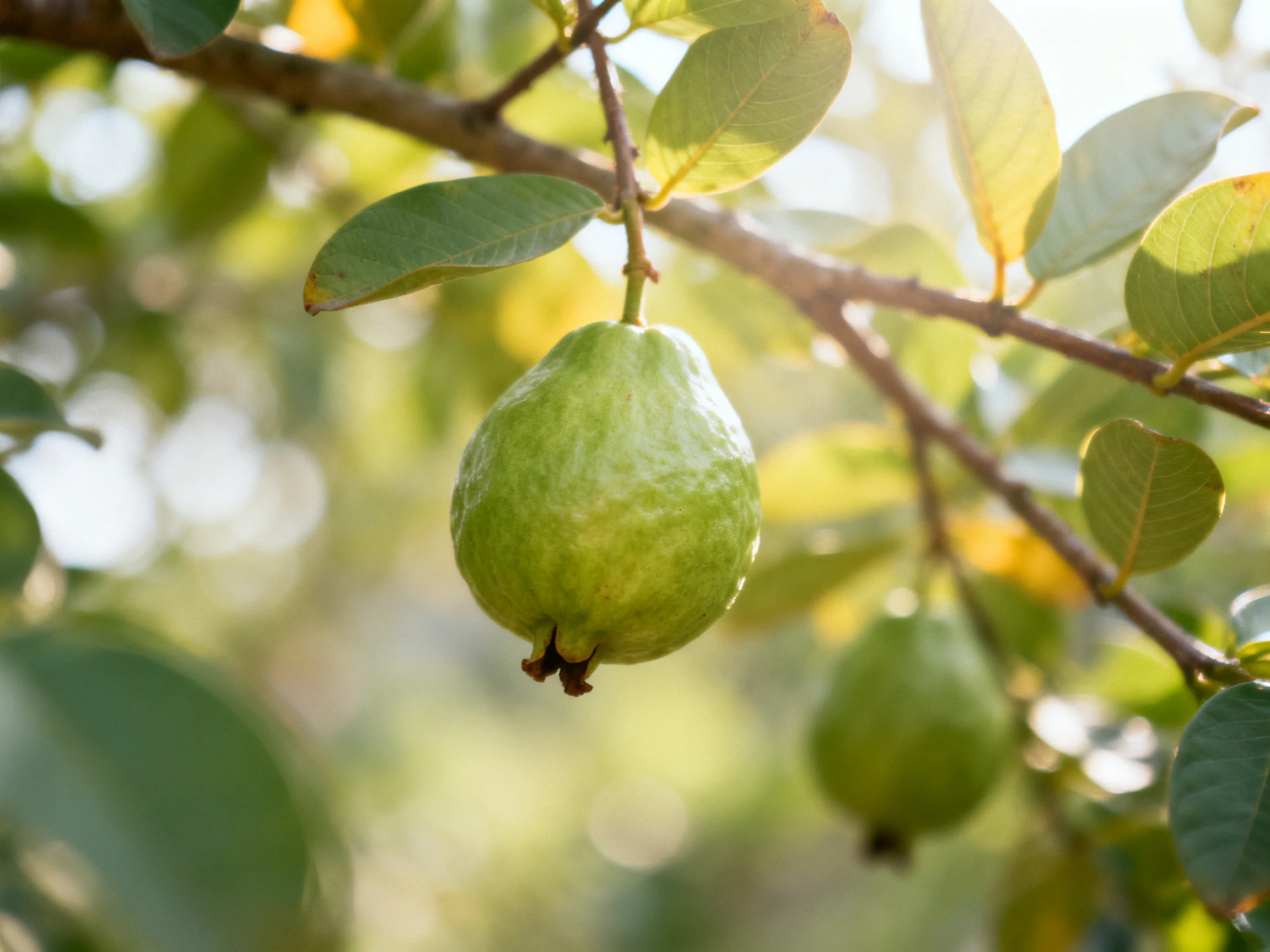 Two Green Guavas Hang from Tree Branches with Sunlit Leaves