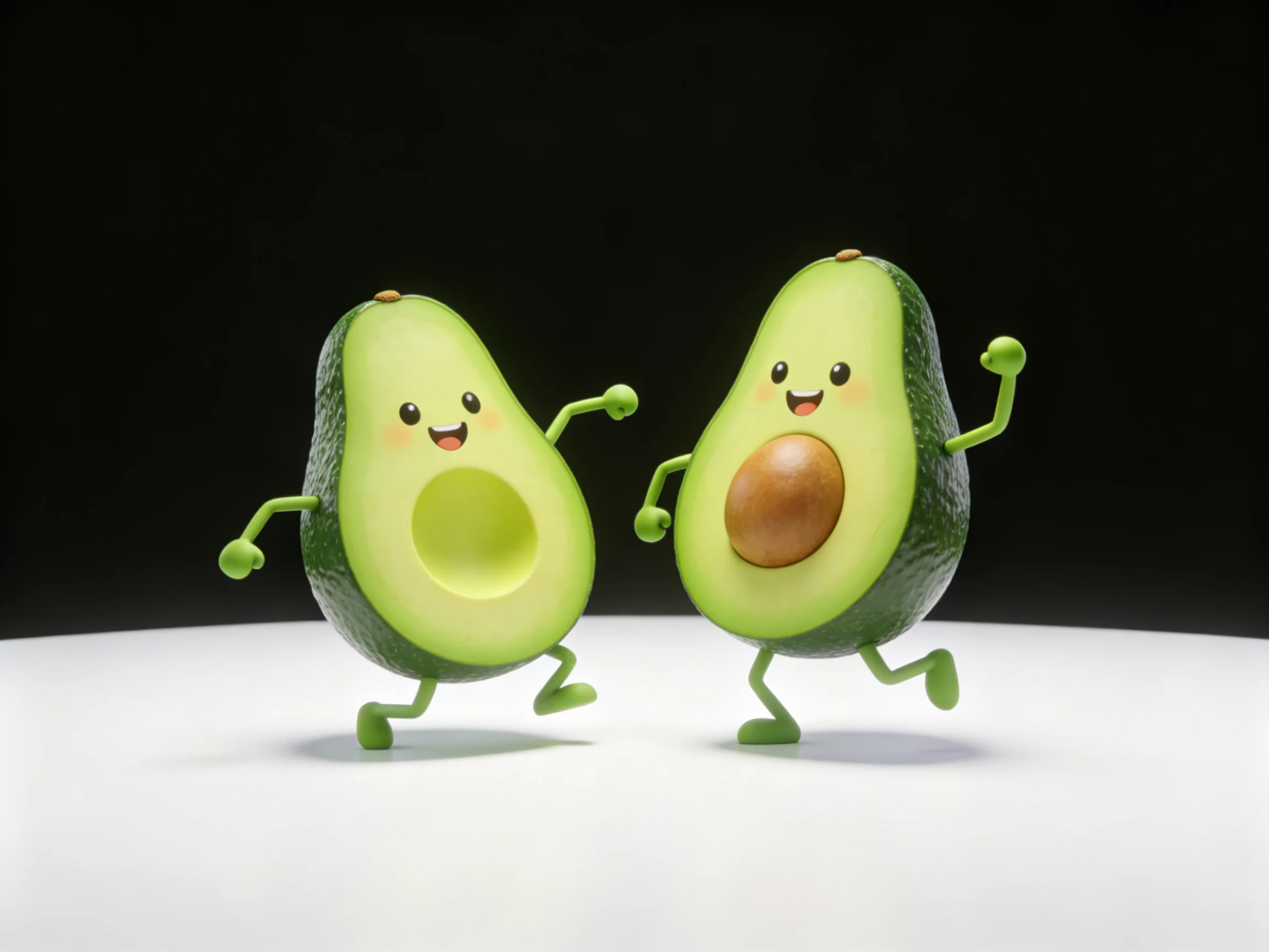 Two animated avocado halves dancing joyfully with green skin