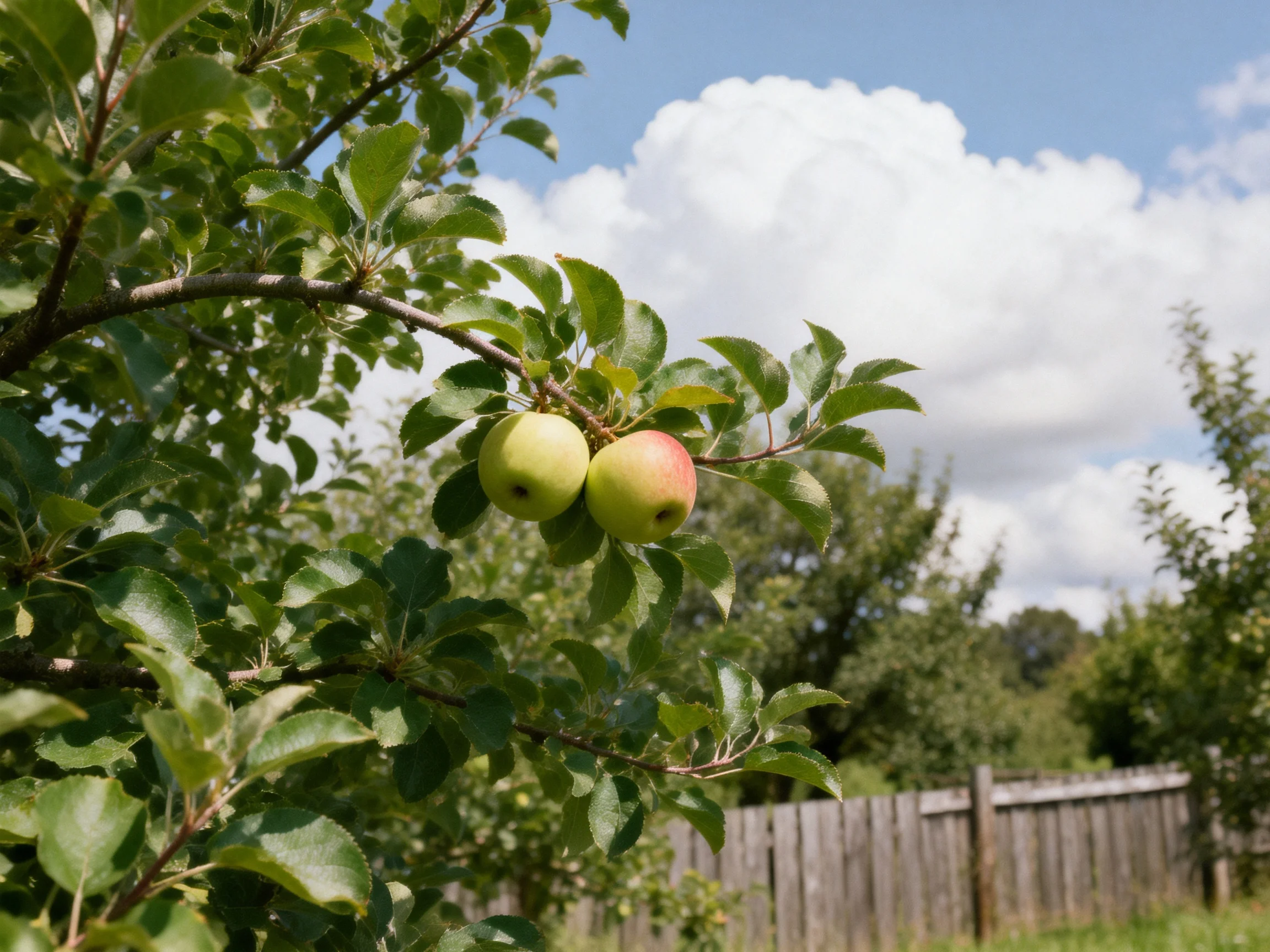 Two apples, one green and one red, hang from a leafy apple tree near a wooden fence