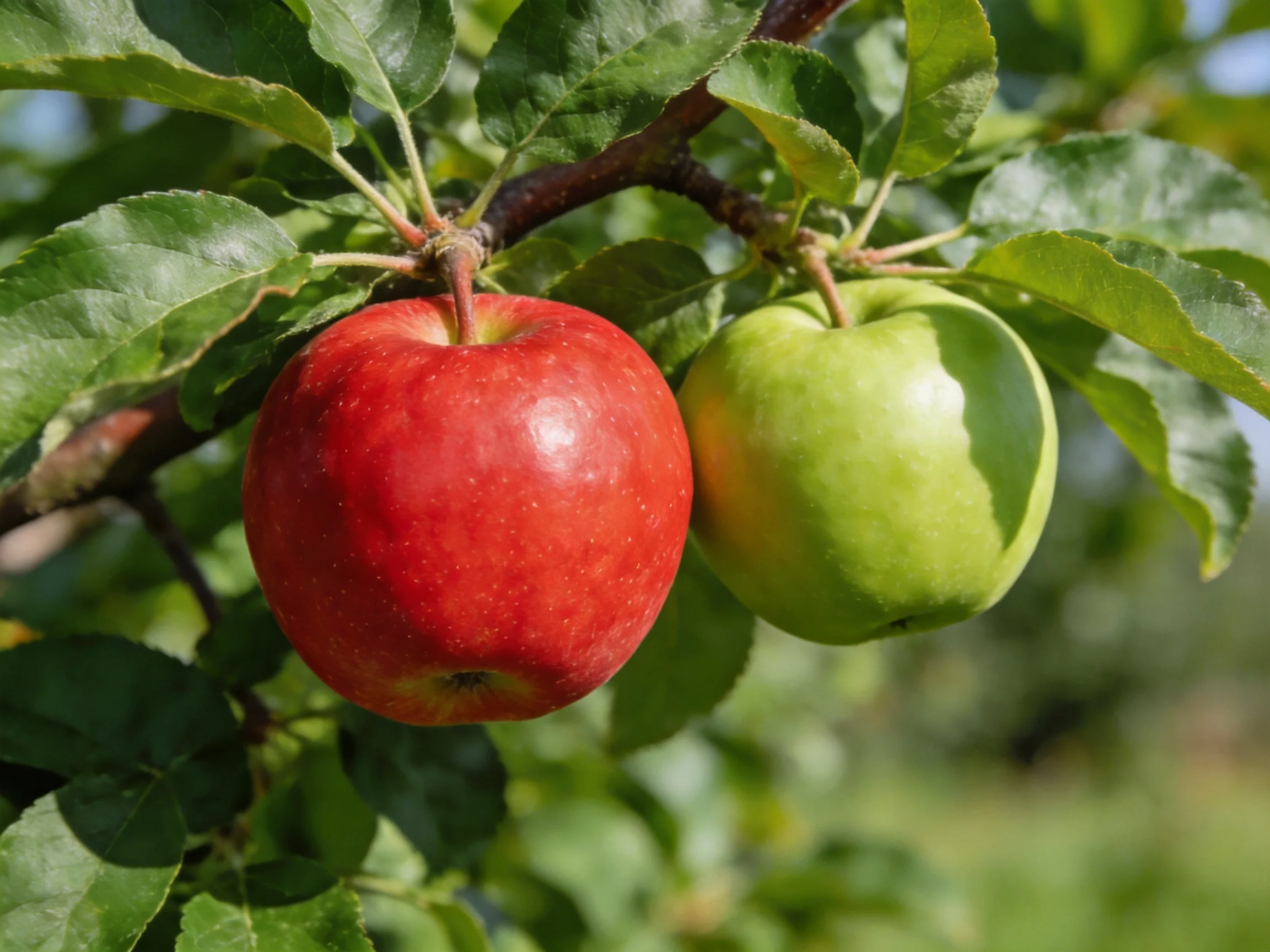 Two apples, one red and one green, hang from a leafy apple tree branch