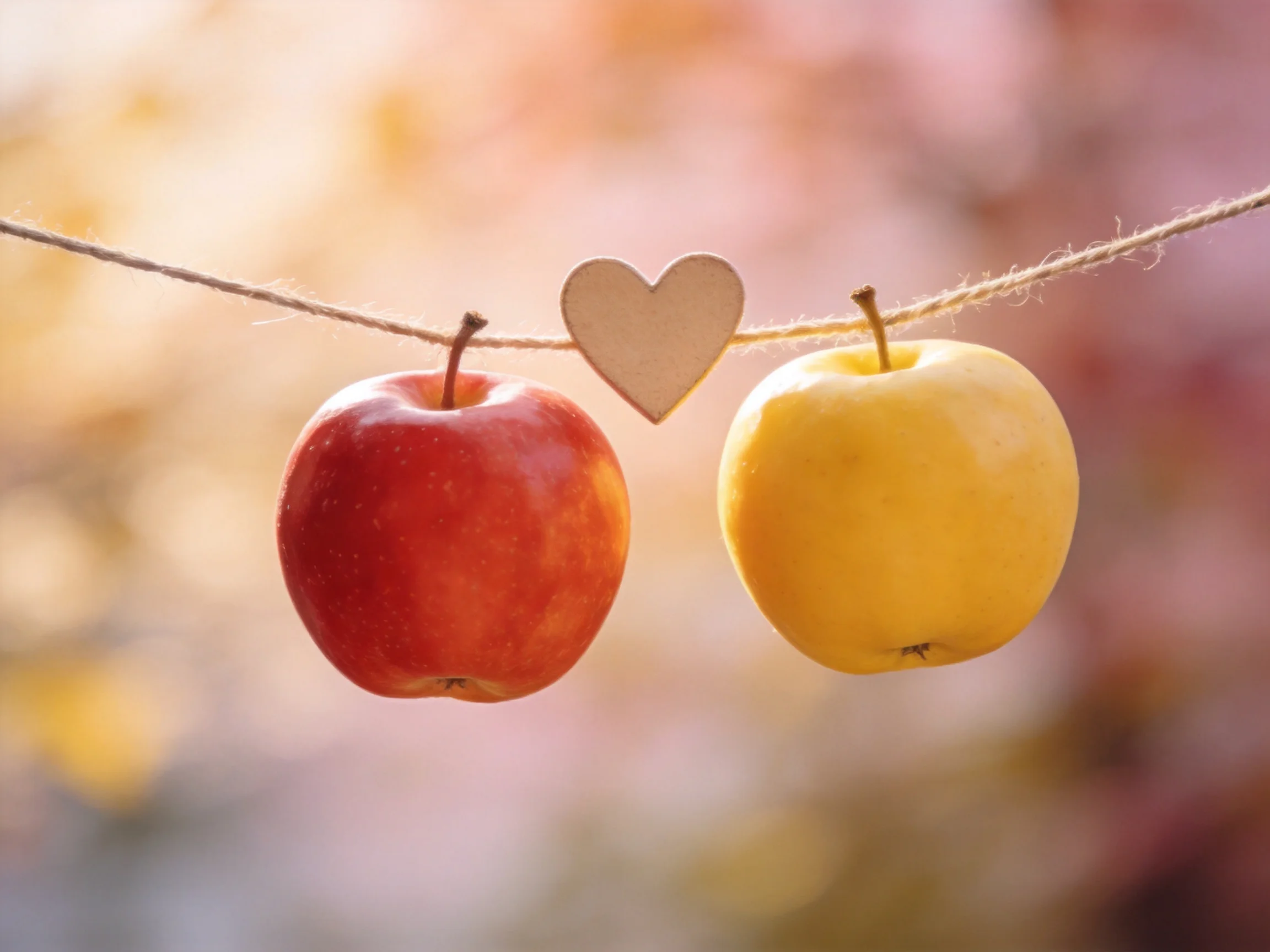 Two apples, one red and one yellow, hang from a twine with a wooden heart