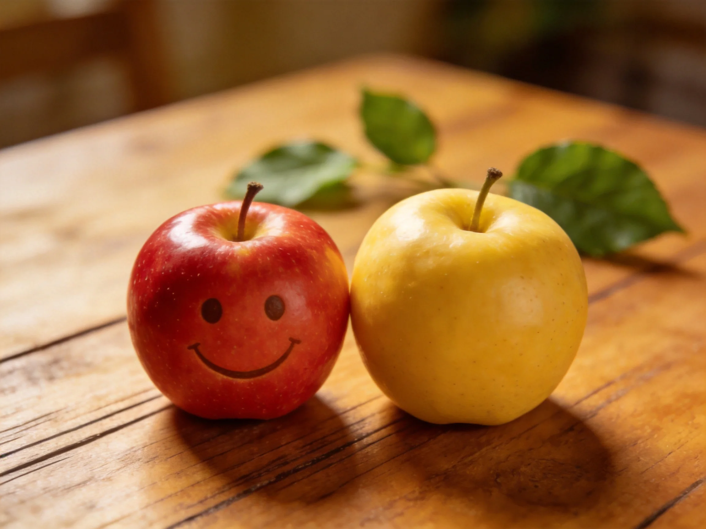 Two apples, one red with a smiley face, one yellow, rest on a wooden table with green leaves