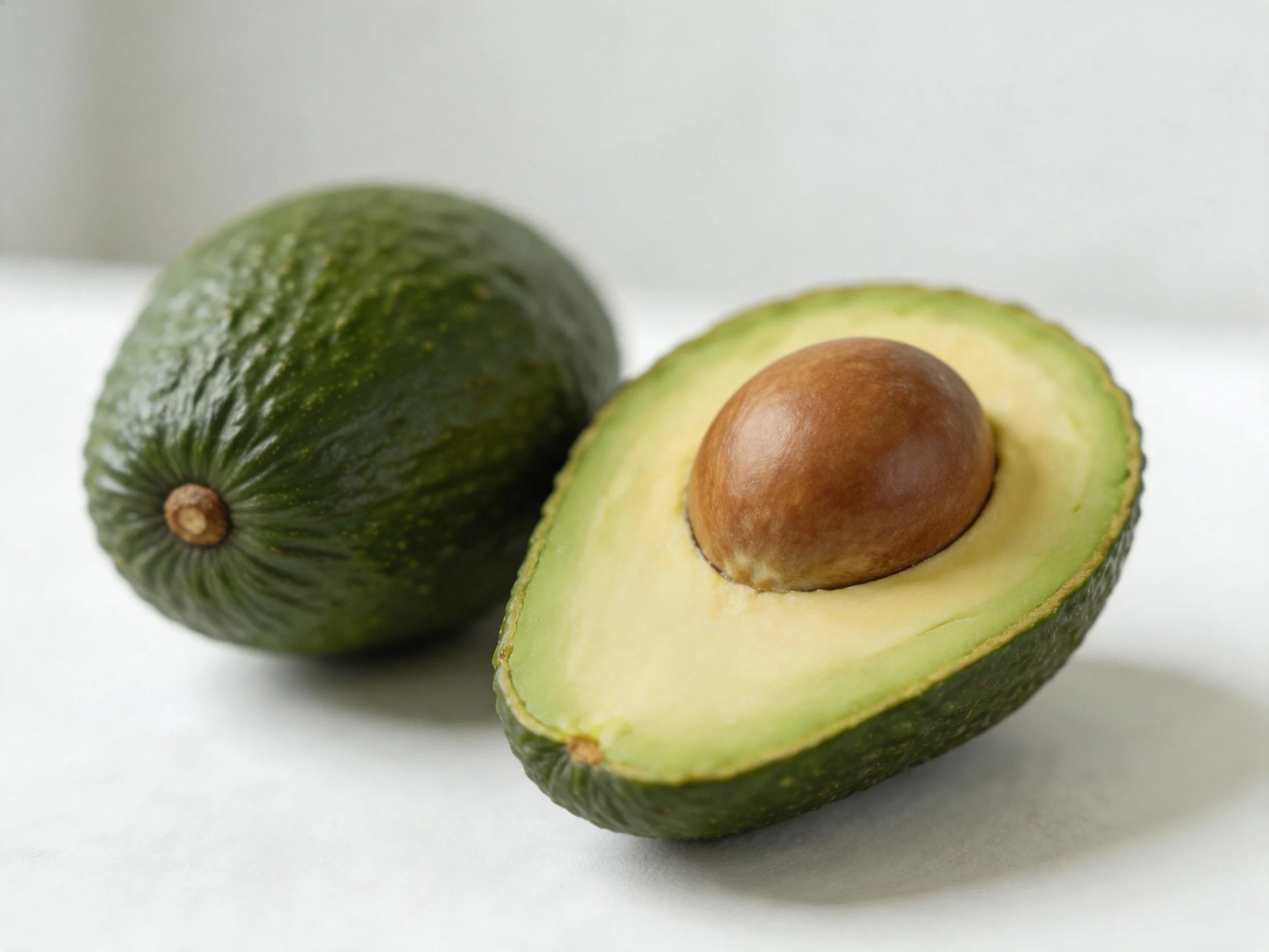 Two avocados, one whole and one halved with brown pit