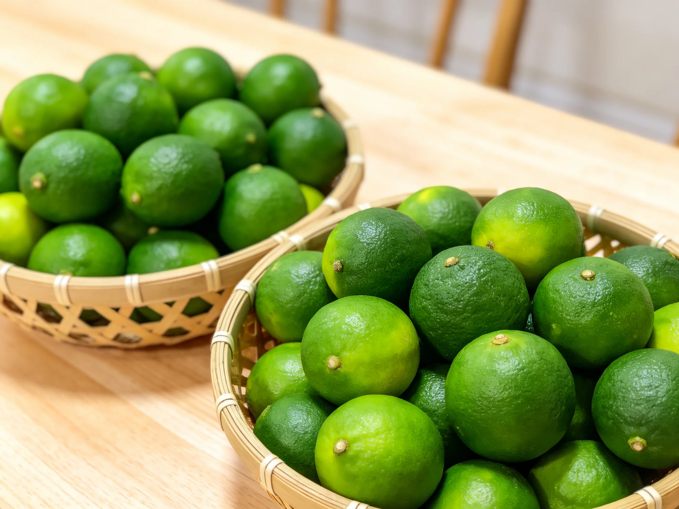 Two bamboo baskets overflow with bright green limes on a wooden table
