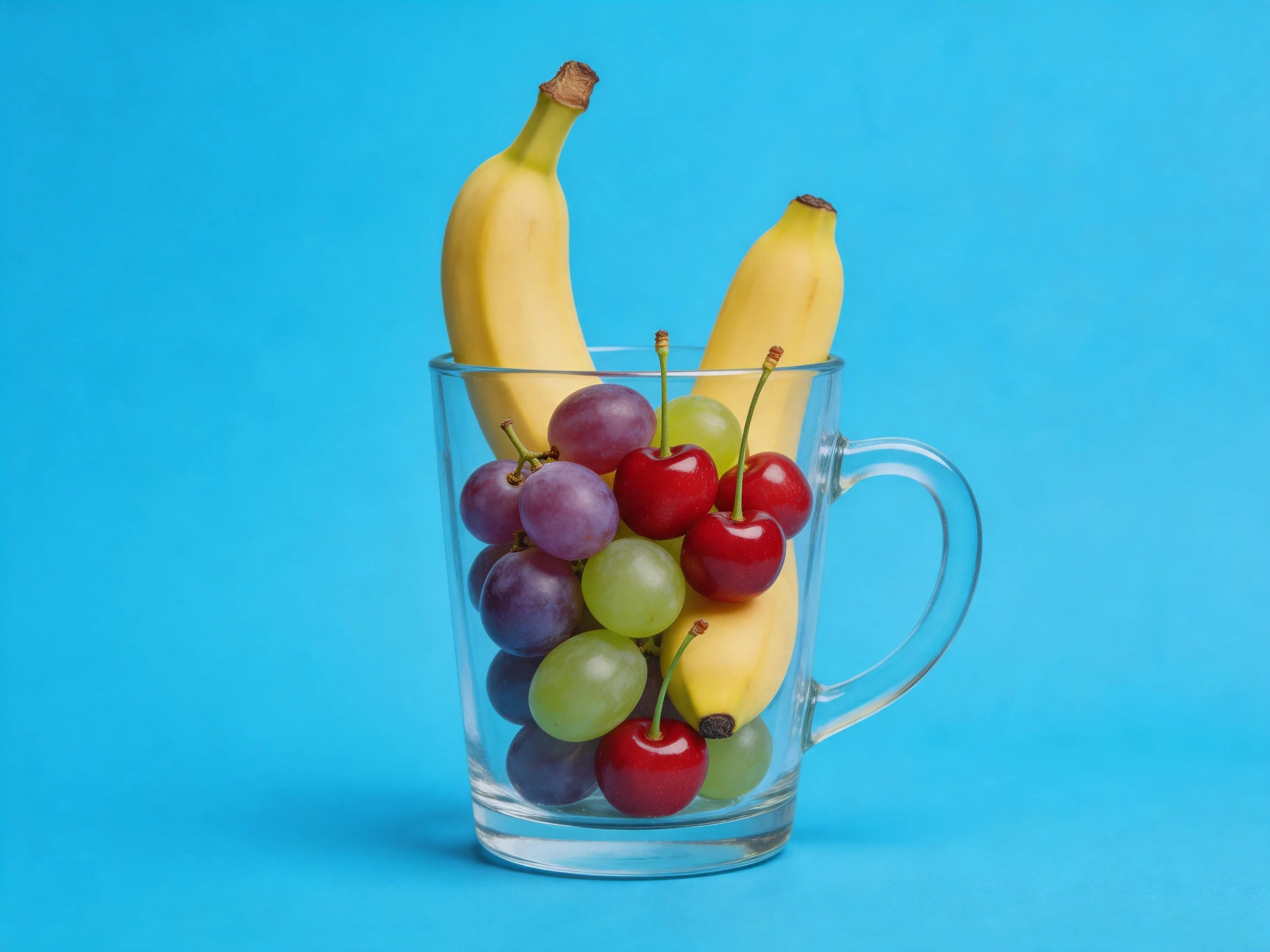 Two bananas, purple and green grapes, red cherries in a clear glass mug on bright blue background