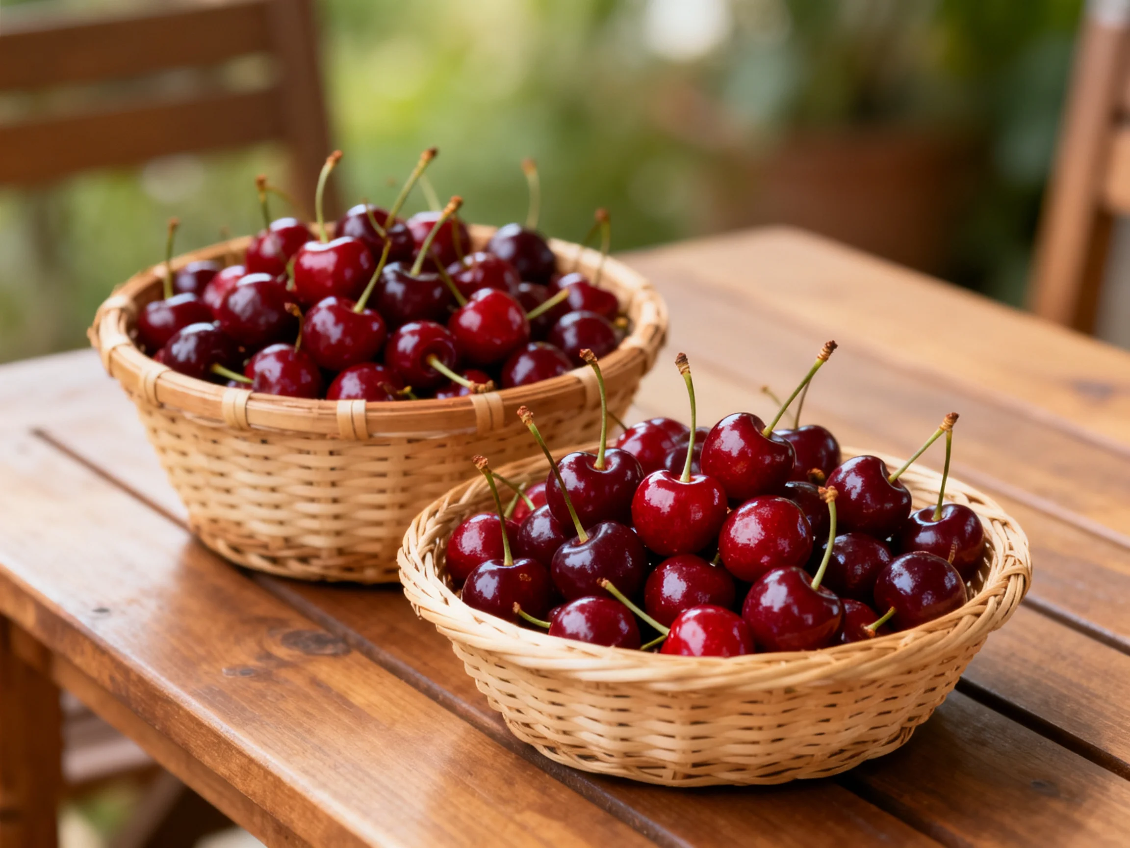 Two baskets filled with glossy red cherries sit on a wooden table