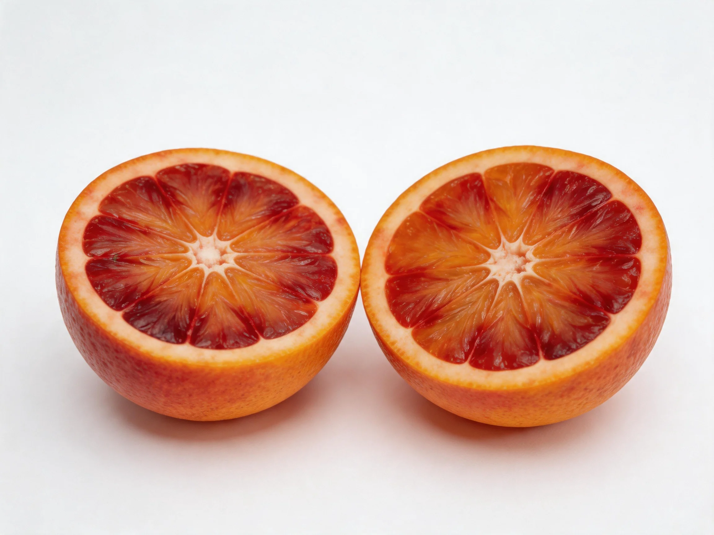 Two blood orange halves showcase deep crimson and orange tones