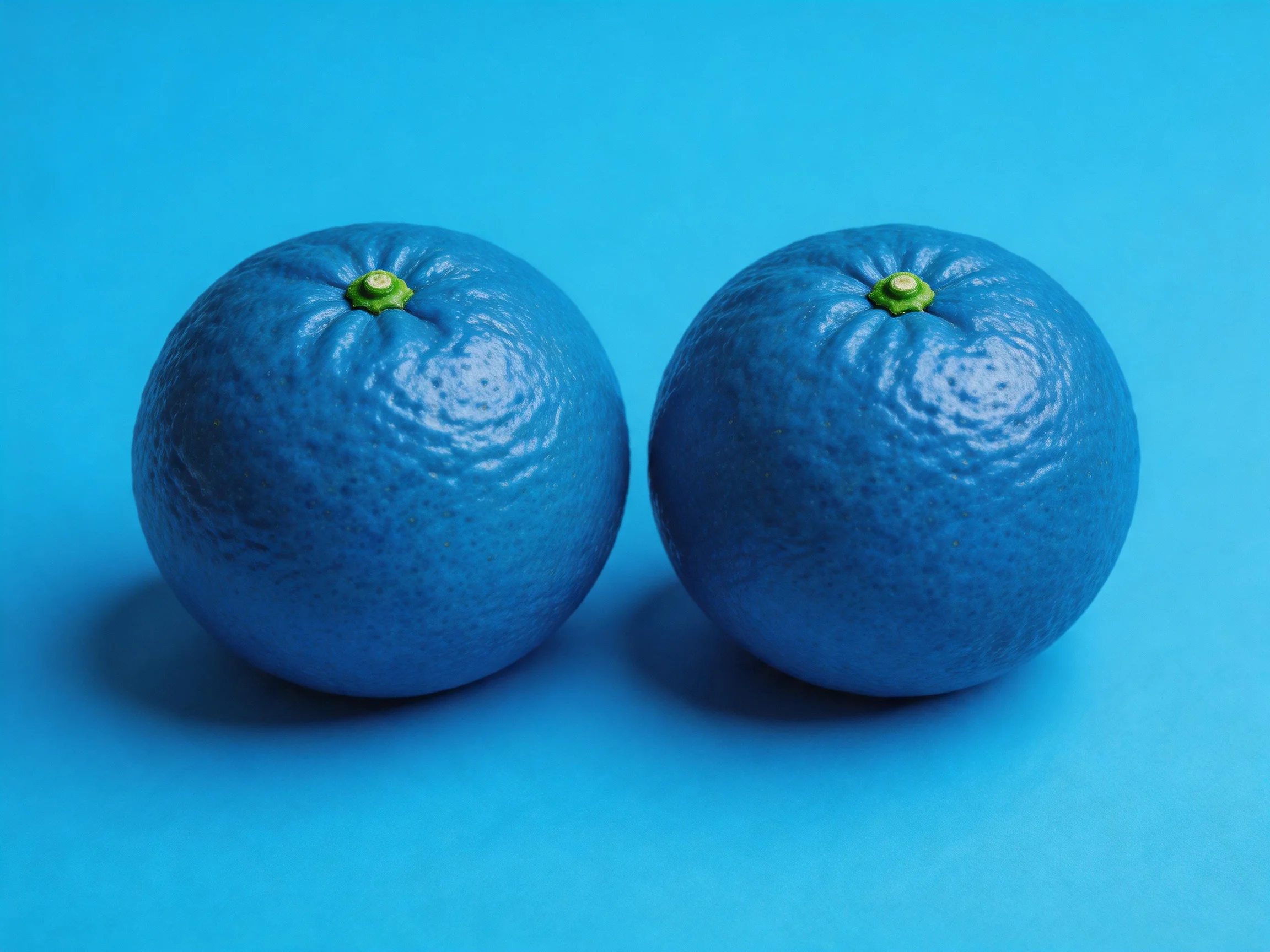 Two blue citrus fruits positioned on a blue surface