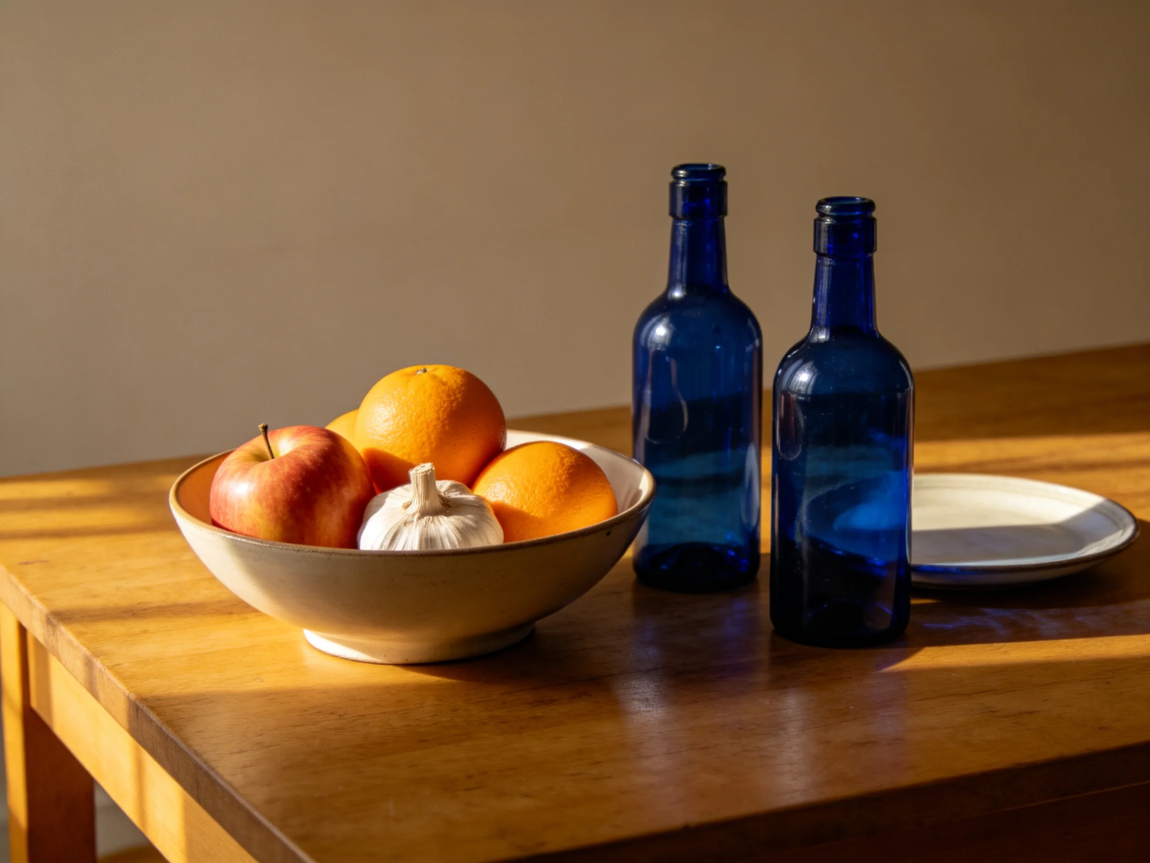 Two blue glass bottles sit beside a bowl of apples, oranges, and garlic on a wooden table