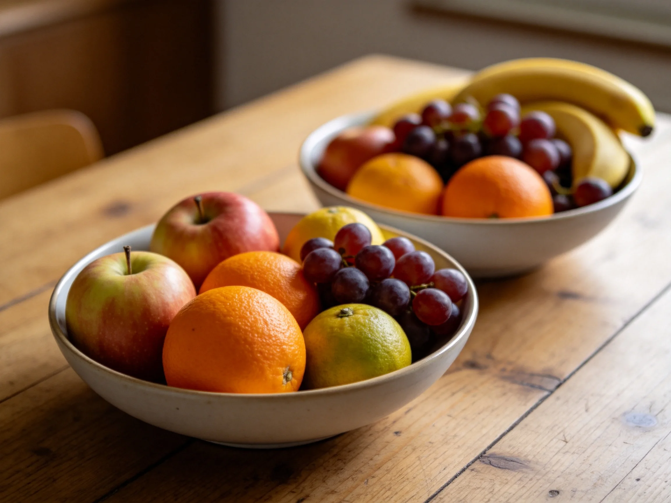 Two bowls filled with assorted fruits sit on a wooden table