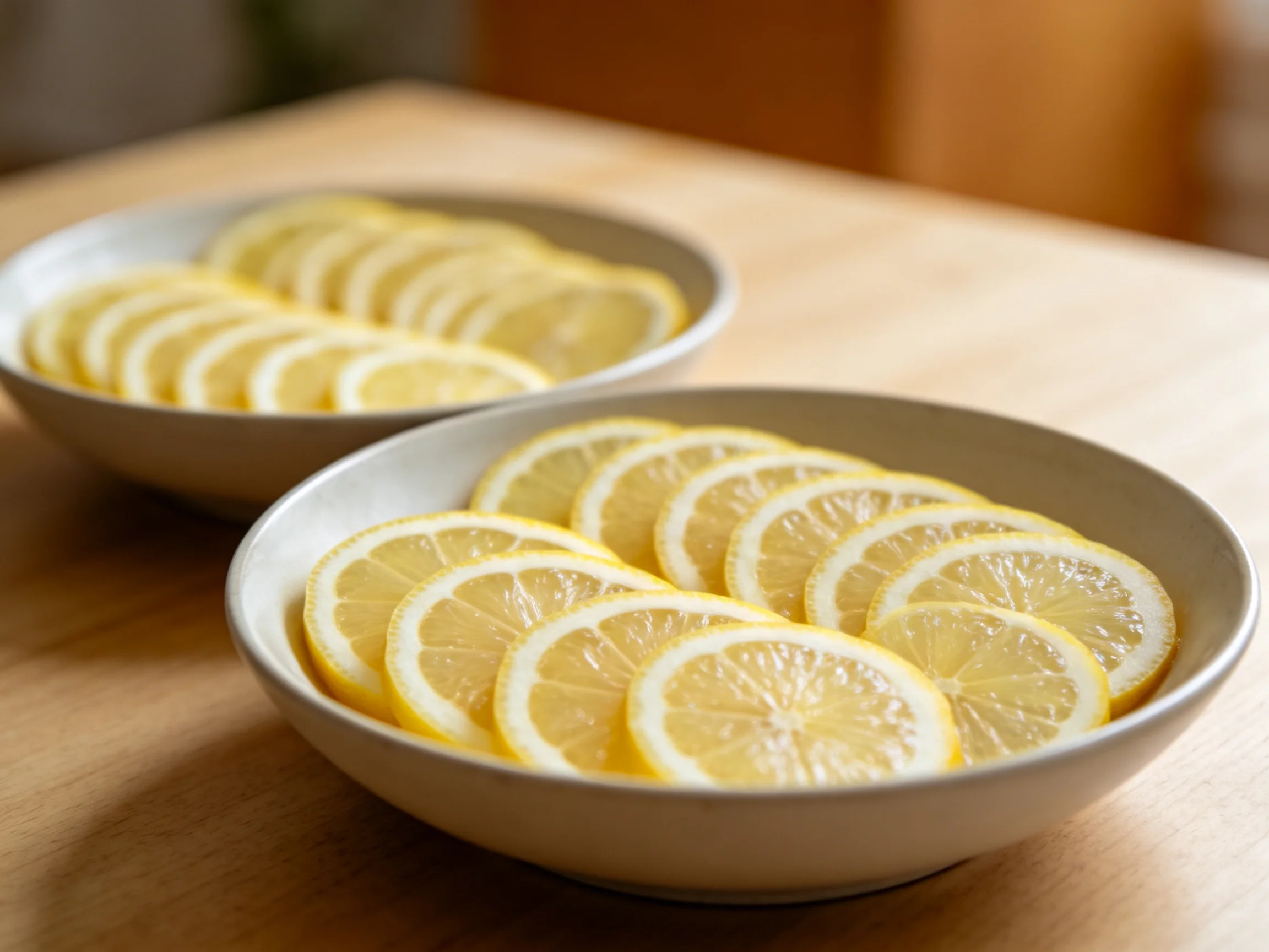 Two bowls filled with fresh yellow lemon slices on a wooden table
