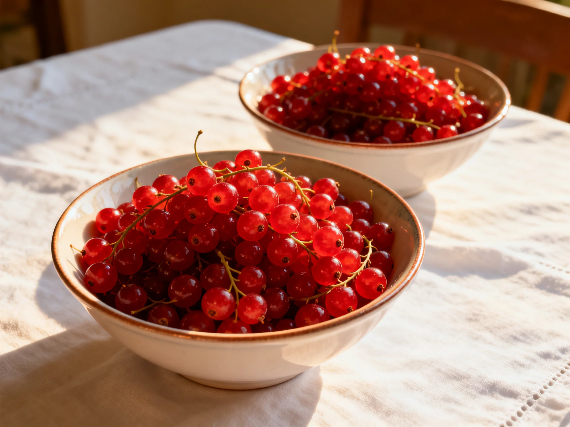 Two bowls filled with vibrant red currants sit on a white tablecloth