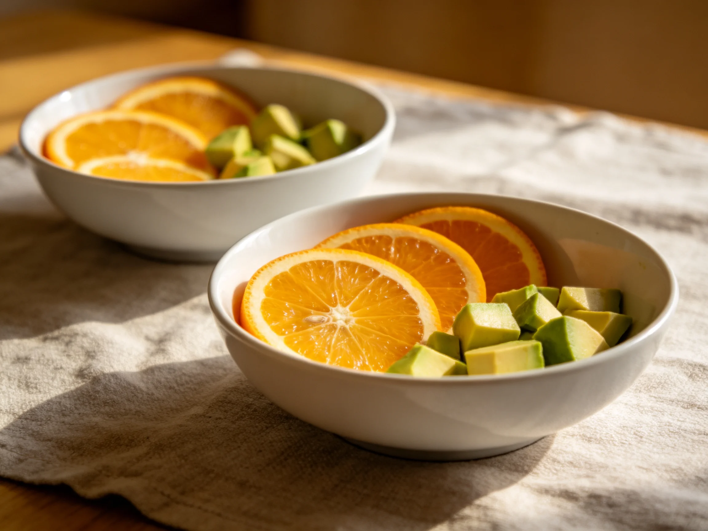 Two bowls hold orange slices and avocado cubes on a textured cloth