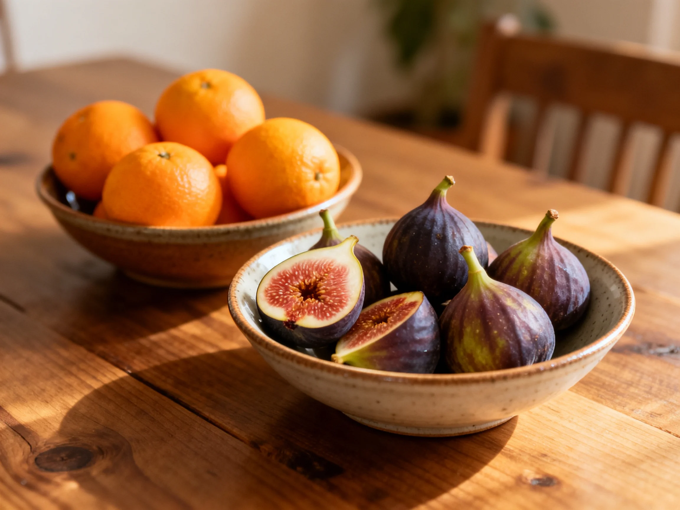Two bowls hold vibrant oranges and deep purple figs on a wooden table