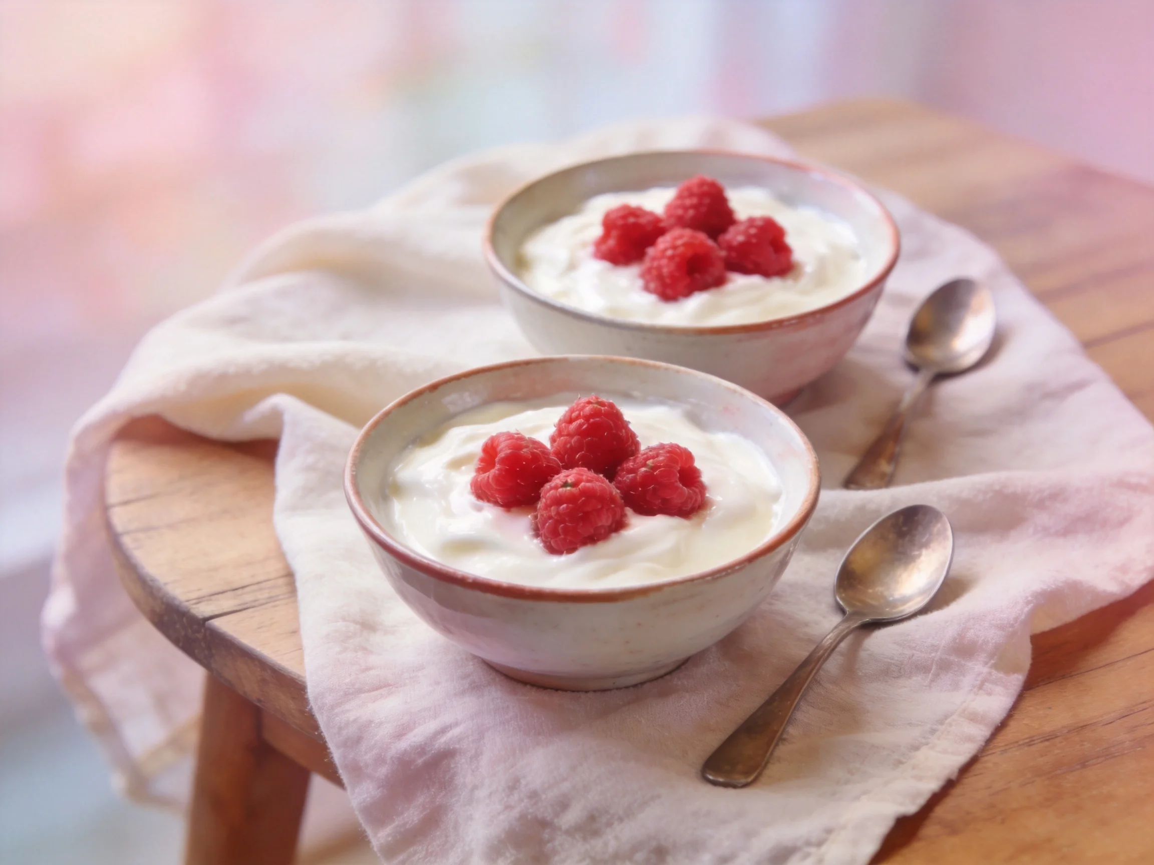 Two bowls of creamy yogurt topped with fresh raspberries on a wooden stool