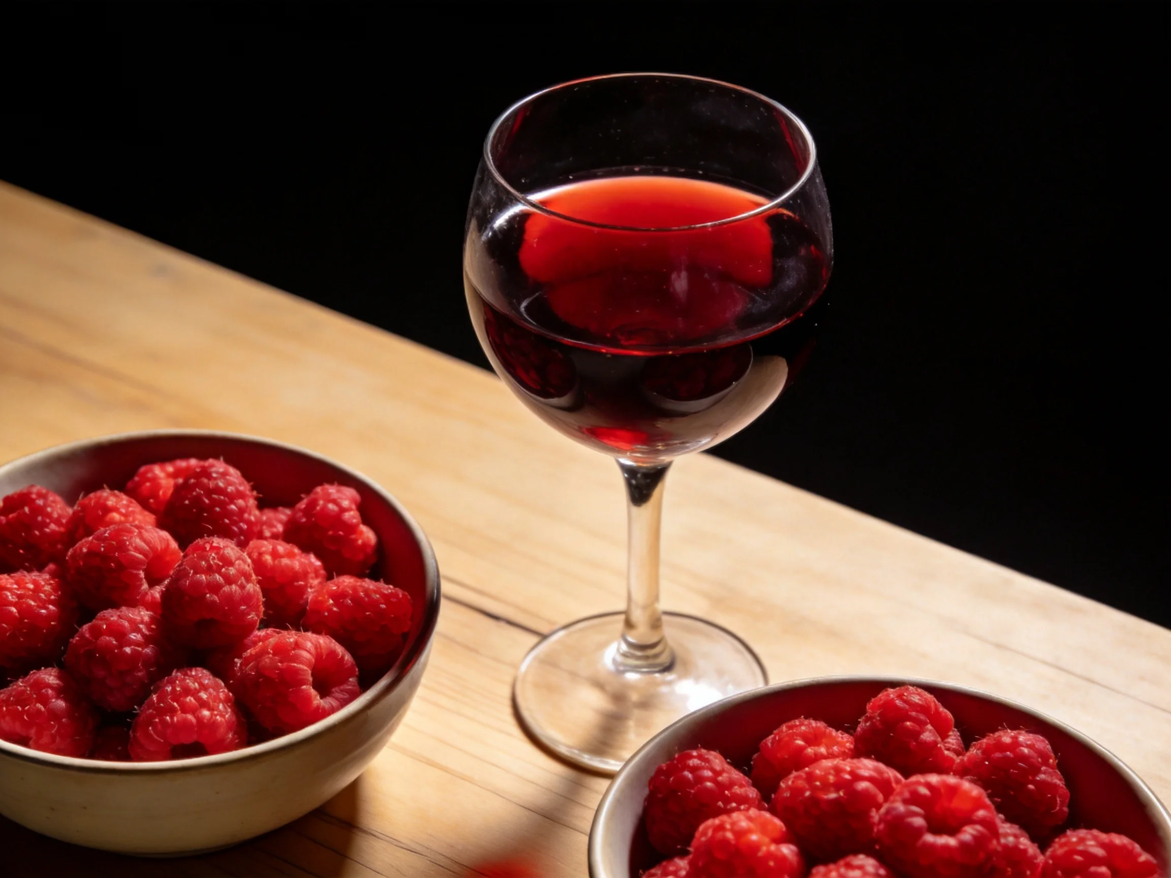 Two bowls of plump raspberries near a stemmed glass of red wine on wood.