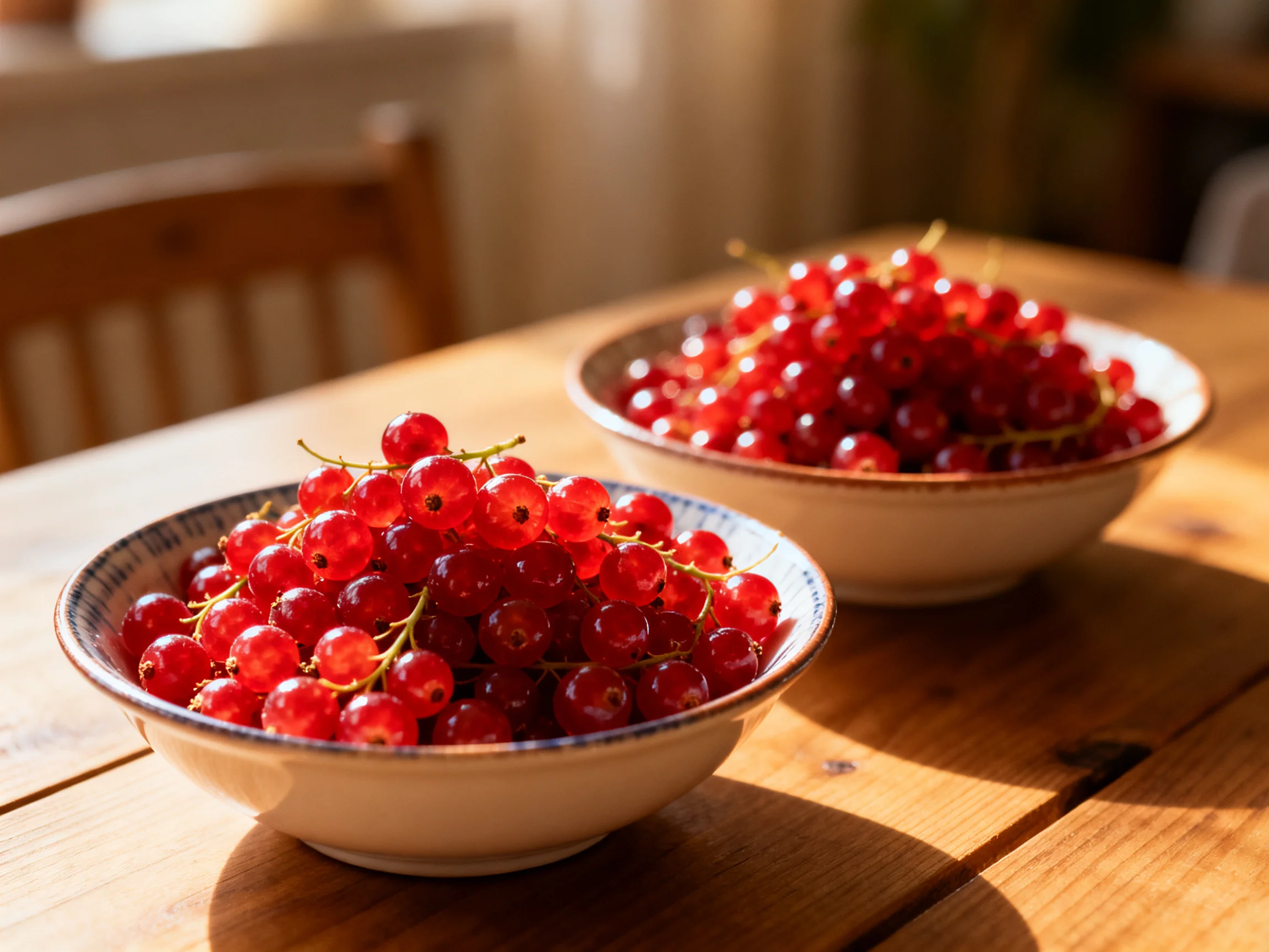 Two bowls overflowing with bright red currants on a wooden table