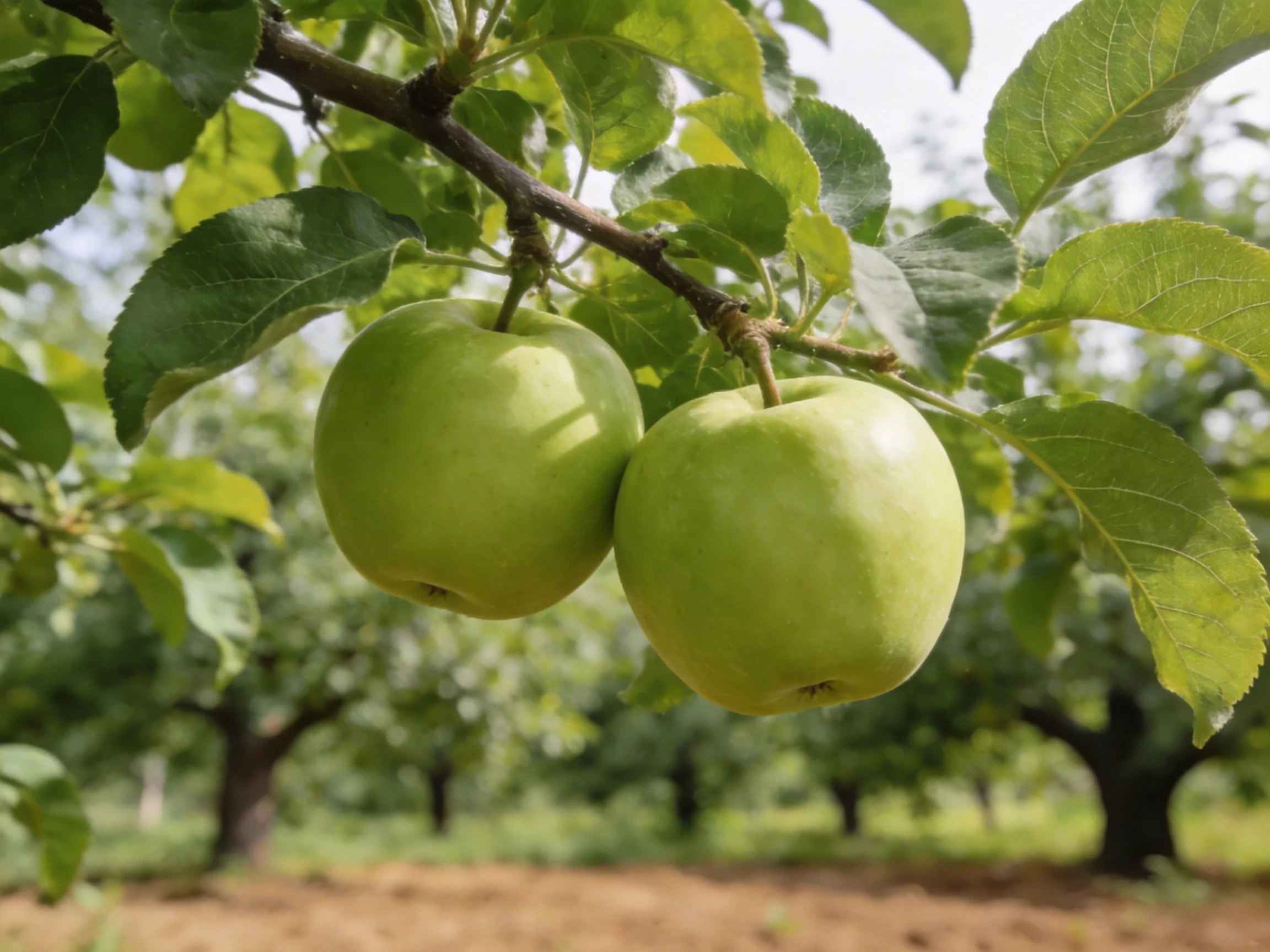 Two bright green apples dangle from a tree branch