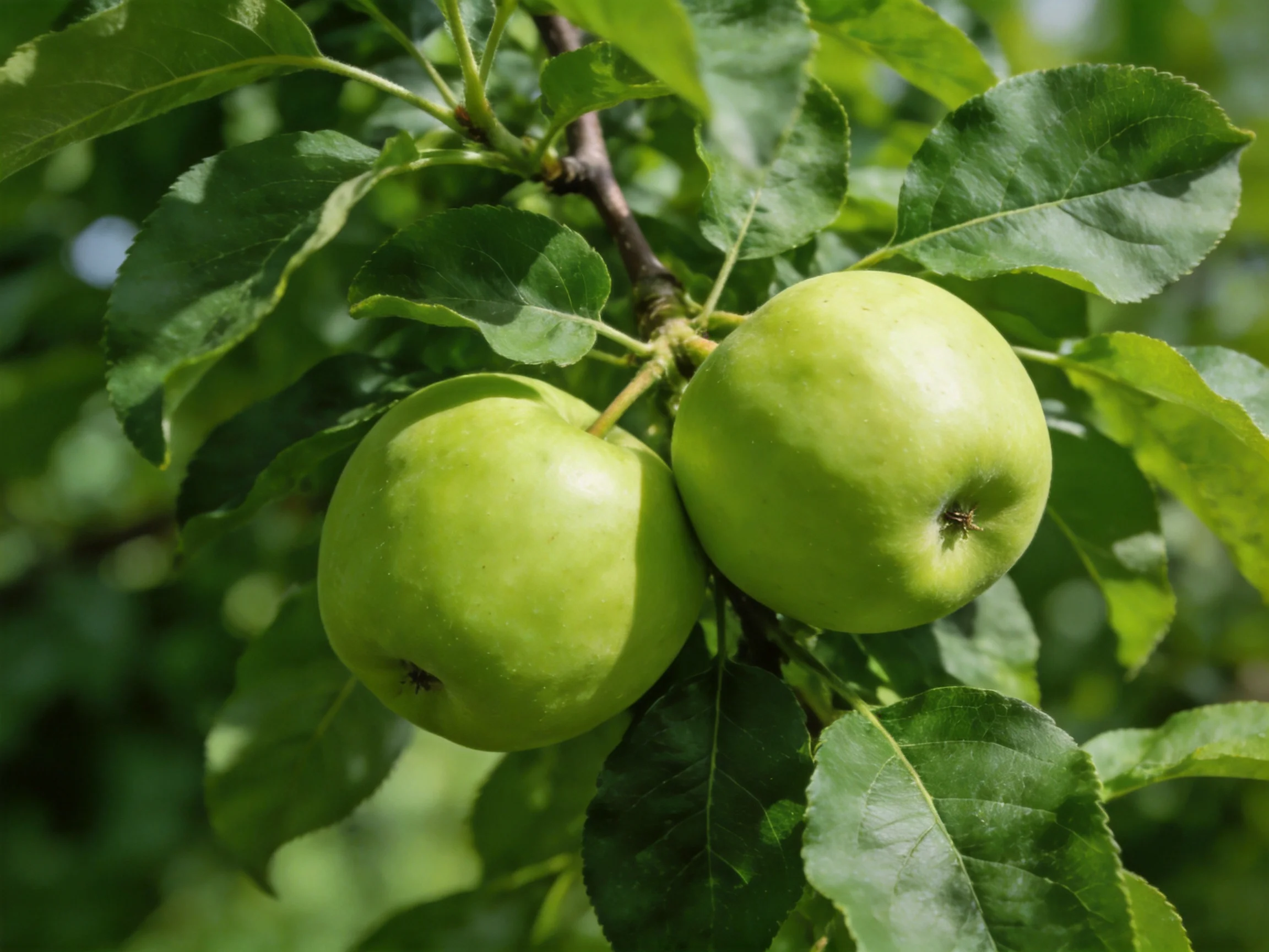 Two bright green apples grow among lush green leaves on a tree branch.